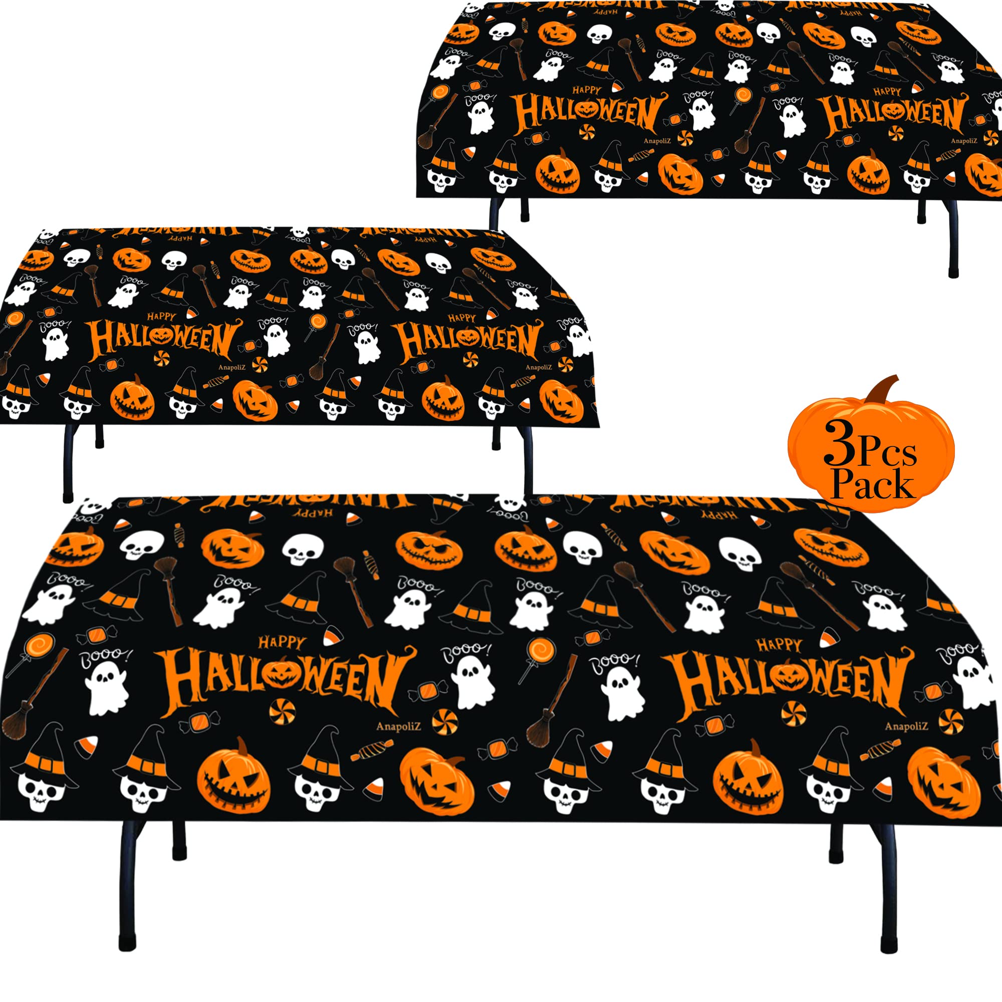 AnapoliZ Halloween Plastic Tablecloth | 3 Pcs Pack (54” Inch Wide x 102” Inch Long) | Halloween Rectangular Table Cover | Pumpkin, Witches Table Decoration | Halloween Party Decorations Tablecover