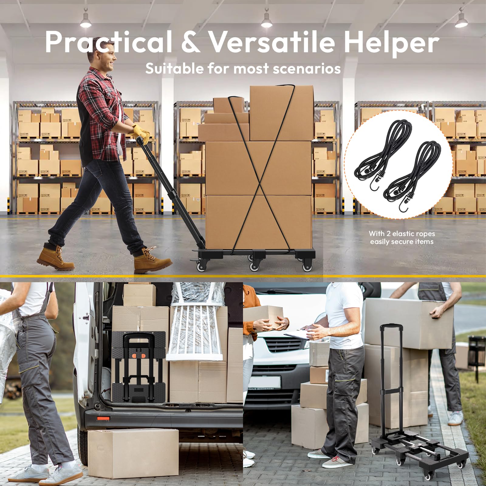 Voipvvii Folding Hand Truck 500lbs, Portable Heavy Duty Dolly Cart, 6 Wheels Collapsible Luggage Cart with 2 Elastic Ropes - Compact Trolley Cart for Easy Moving - Ideal Hand Cart for Travel and More