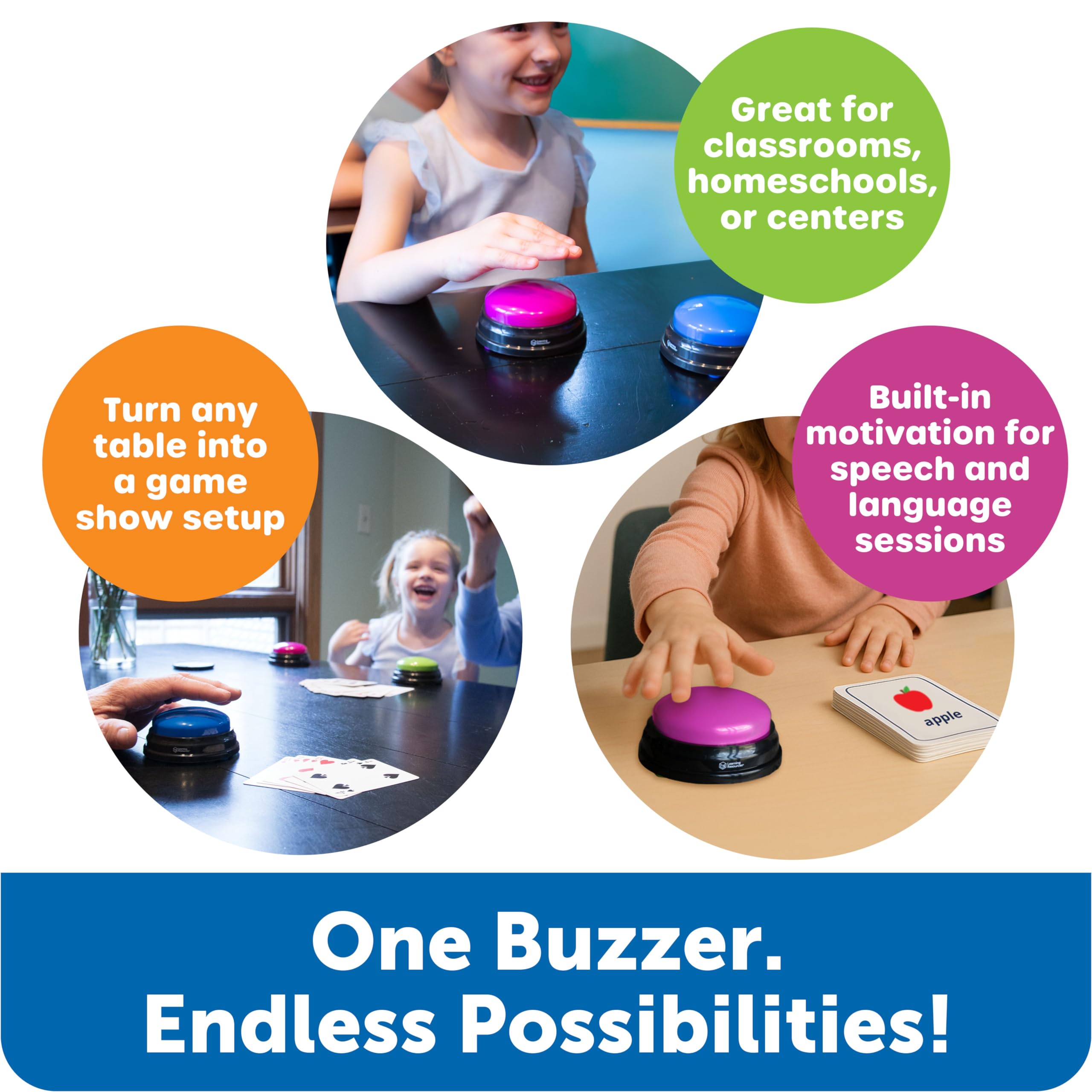 Learning Resources Answer Buzzers - Set of 4, Ages 3+, Assorted Colored Buzzers, Game Show Buzzers, Perfect for Family Game and Trivia Nights, for Kids