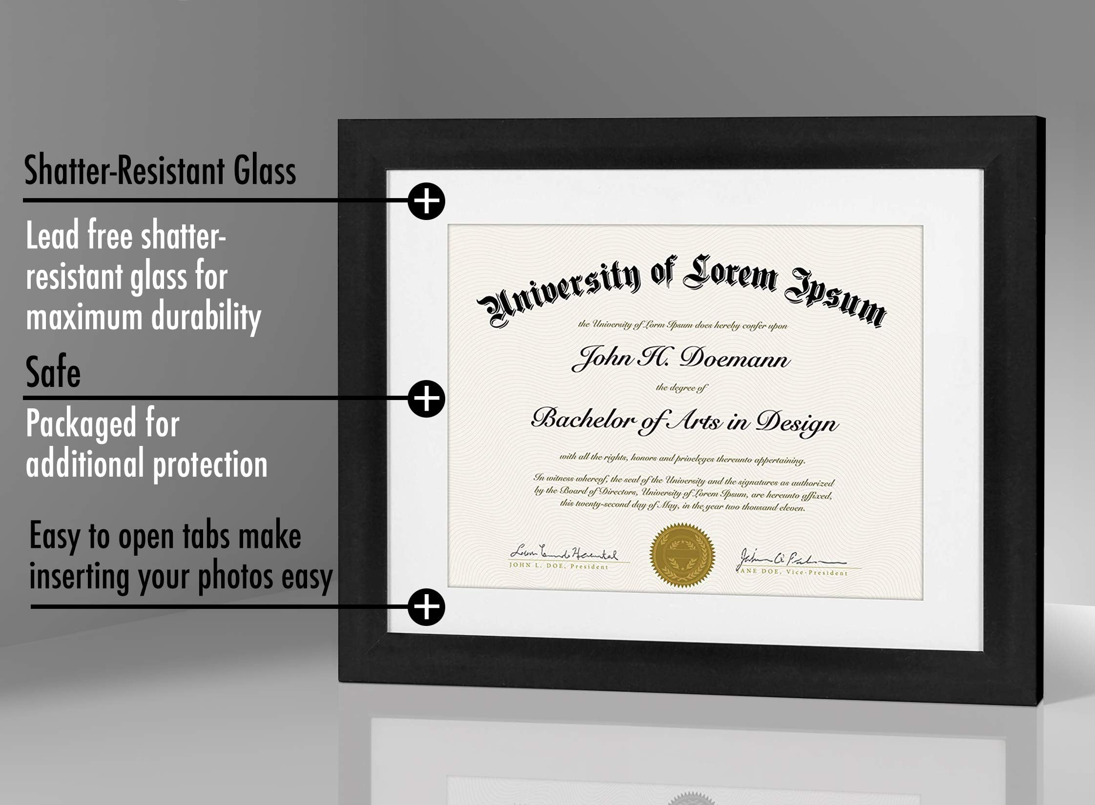 Americanflat 11x14 Diploma Frame with Shatter-Resistant Glass - Use as 8.5x11 Frame with Mat or Display 11x14 Documents Without Mat - Legacy Collection - Certificate Frames for Wall Display - Black