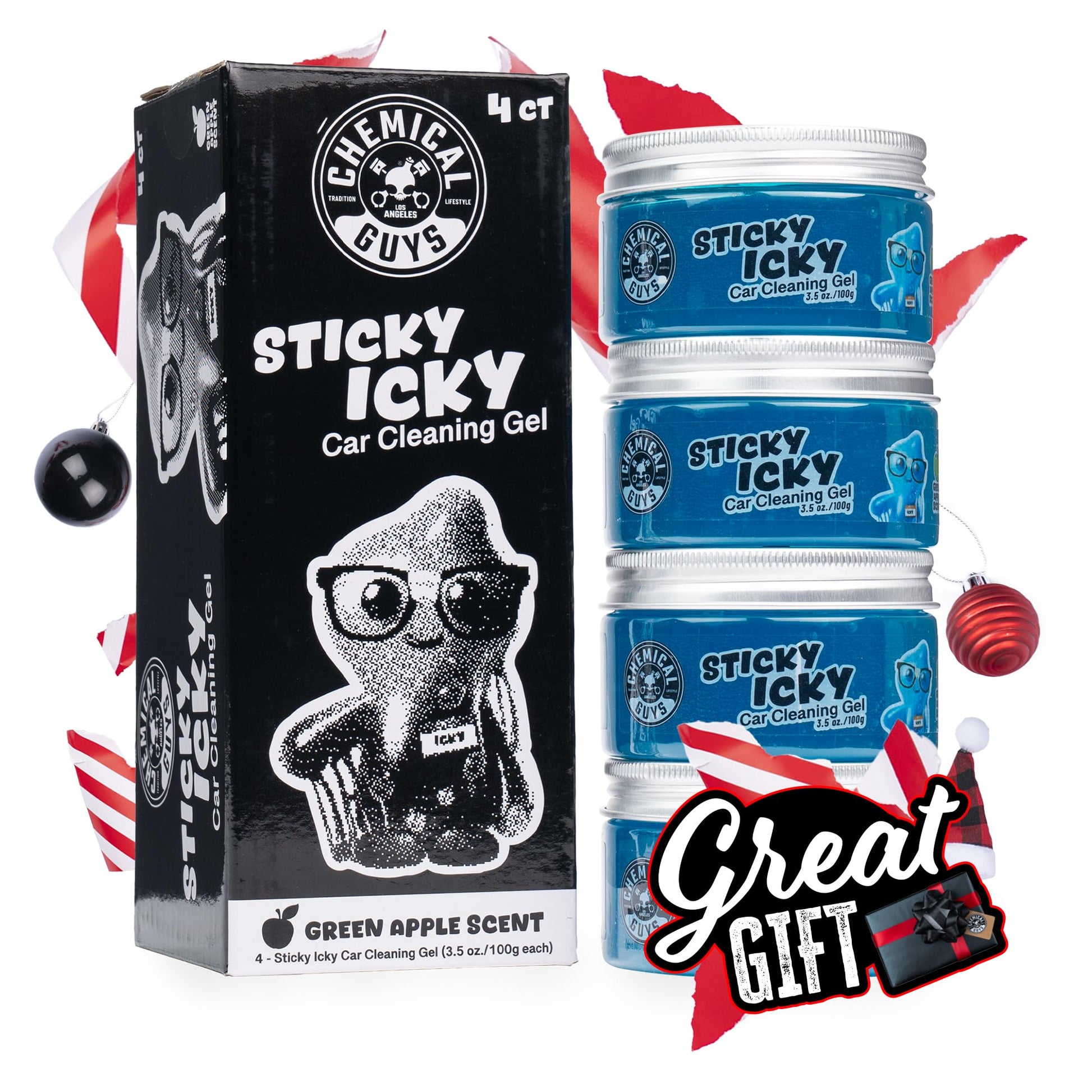 Chemical Guys Sticky Icky Car Cleaning Gel, Green Apple Scent - Detailing Kit, Automotive Dust Car Crevice Cleaner, Slime Auto Air Vent, Cleaning Putty For Keyboard Cleaner, 4 Pack - 100g Each