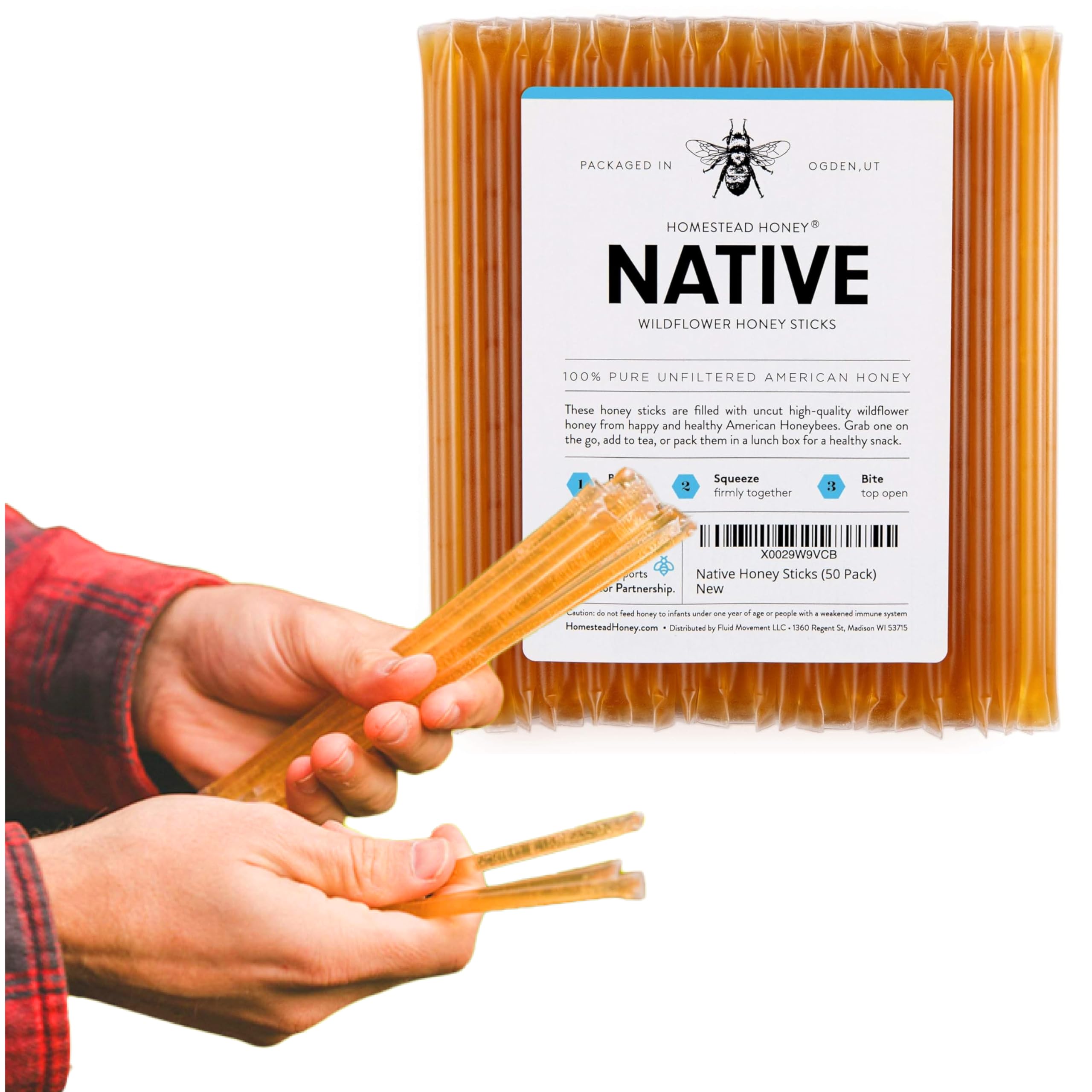 Homestead Honey Native Honey Sticks for Tea - 50-Pack Bulk Honey Packets, Single Serve - Pure Wildflower Honey Straws - Easy-to-Open Honeycomb Stir Sticks for On-the-Go, Snacks, and Travel