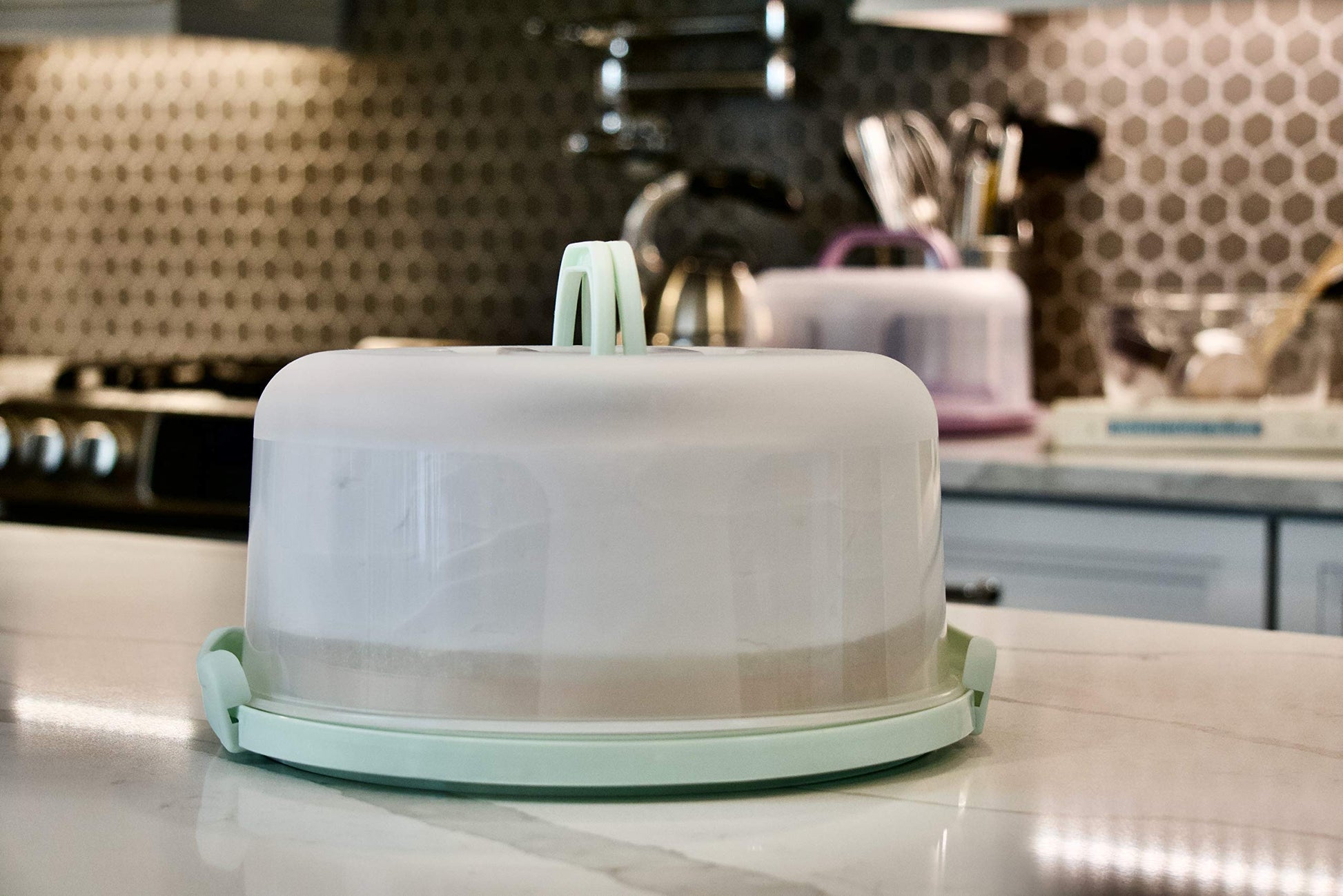 Top Shelf Elements Round Cake Carrier Two Sided Cake Holder Serves as Five Section Serving Tray, Portable Fits 10 inch Cake, Box Comes With Handle, Container Holds Pies (Green)