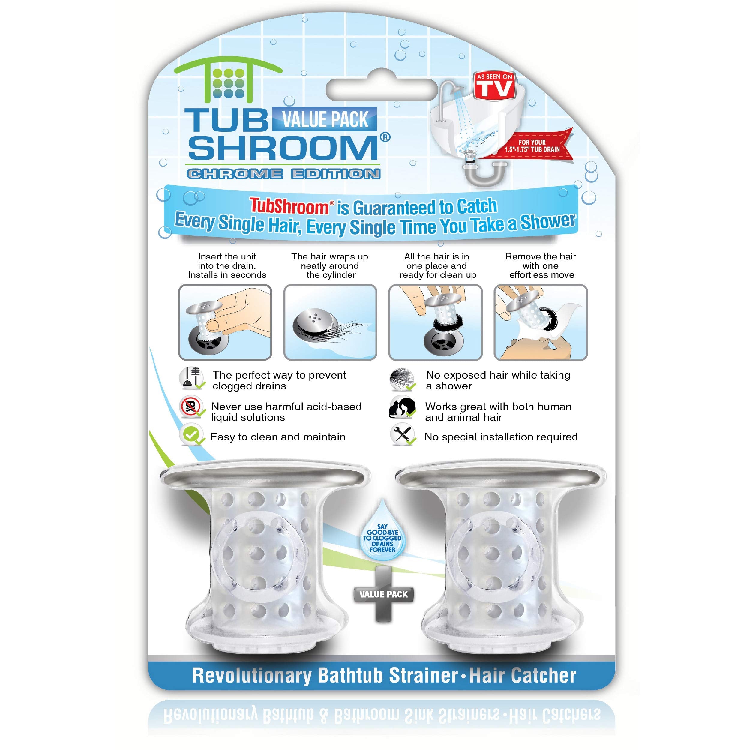 TubShroom Tub Drain Hair Catcher, Chrome – for Bathroom Drains, Fits 1.5” – 1.75” Bathtub and Shower Drains, White