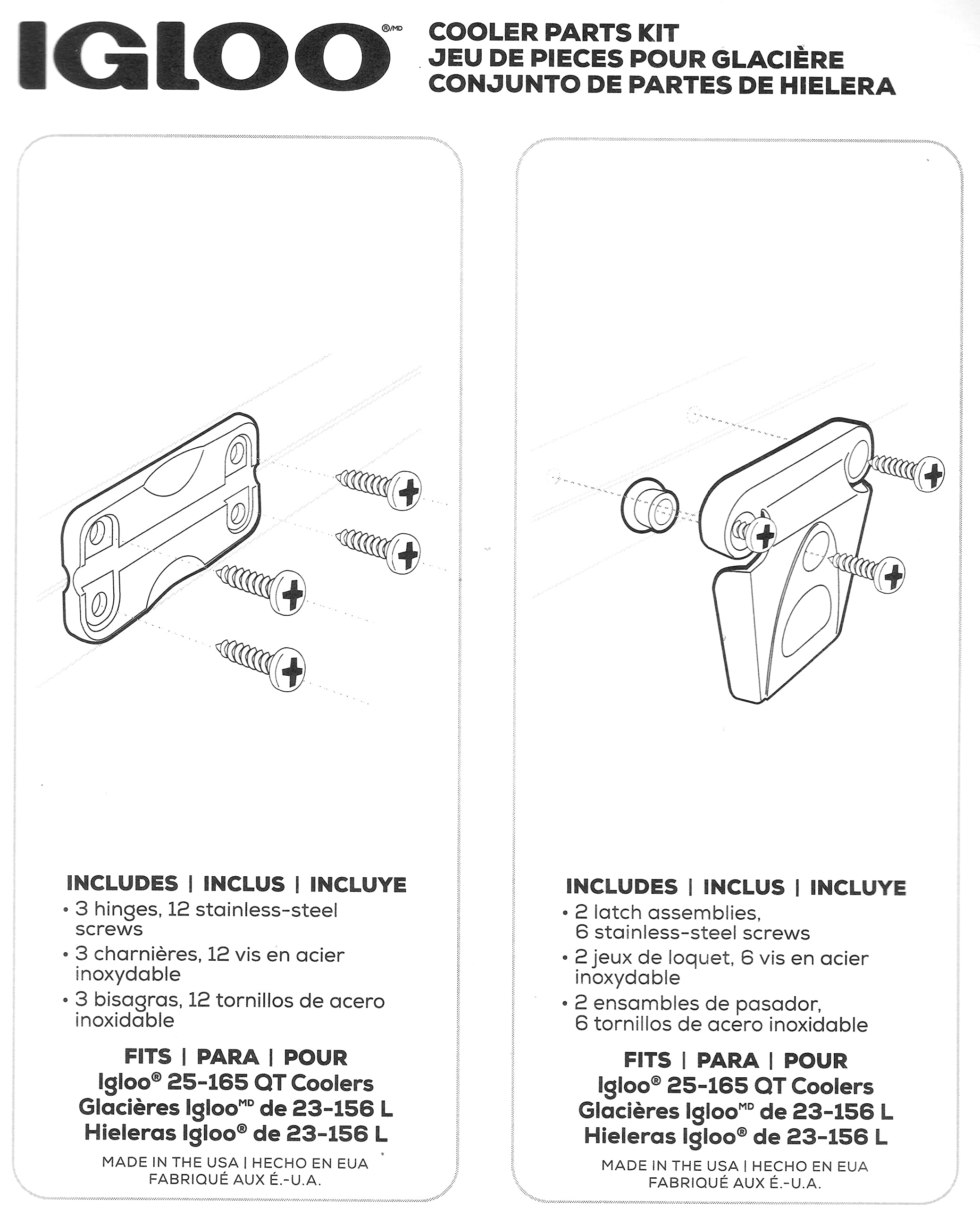 Igloo Cooler Plastic Parts Kit - Made in The USA - 2 Latches, 3 Hinges, Latch Post & Screws