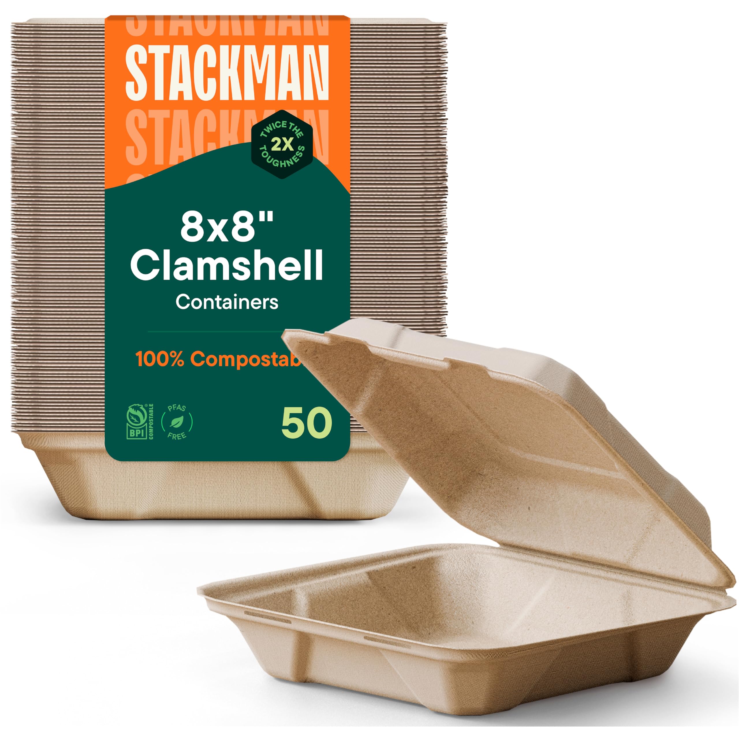 100% Compostable Clamshell Take Out Food Containers [8X8" 50-Pack] Heavy-Duty Quality to go Containers, Natural Disposable Bagasse, Eco-Friendly Biodegradable Made of Sugar Cane Fibers