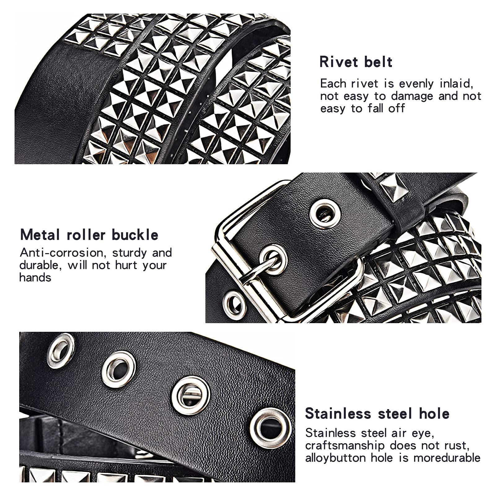 SNCEAW Studded Belt, Metal Punk Rock Rivet belt with Bright Pyramid Studded for Women Men (Black, Fit Pant 31-36 inch)