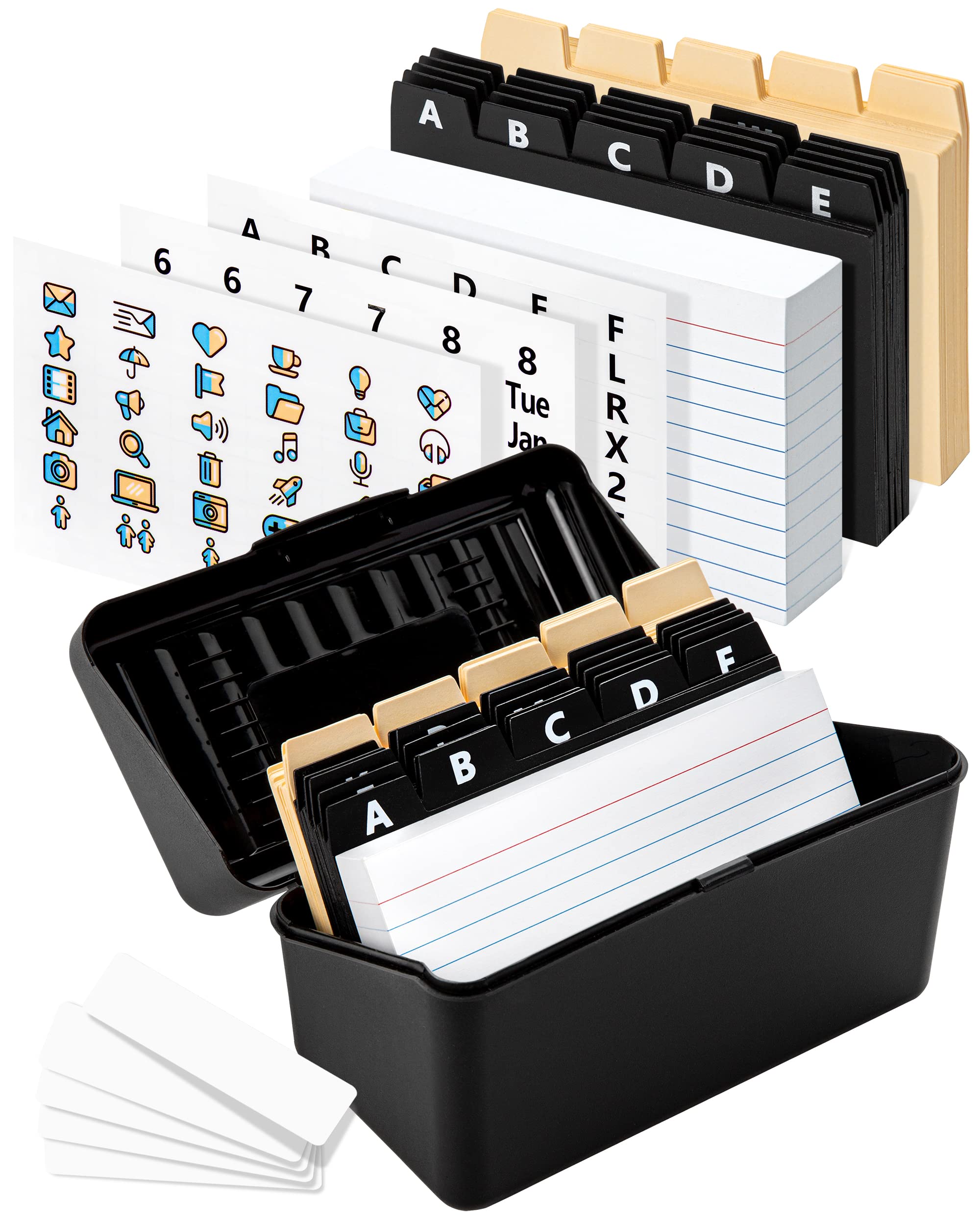 OFFILICIOUS Index Card Holder 3x5, Heavy-Duty Index Card Box with Dividers Ã¢ÂÂ 100 Ruled Cards, 25 Manila & Plastic Dividers, 72 Stickers & 5 Box Labels Ã¢ÂÂ Index Card Organizer