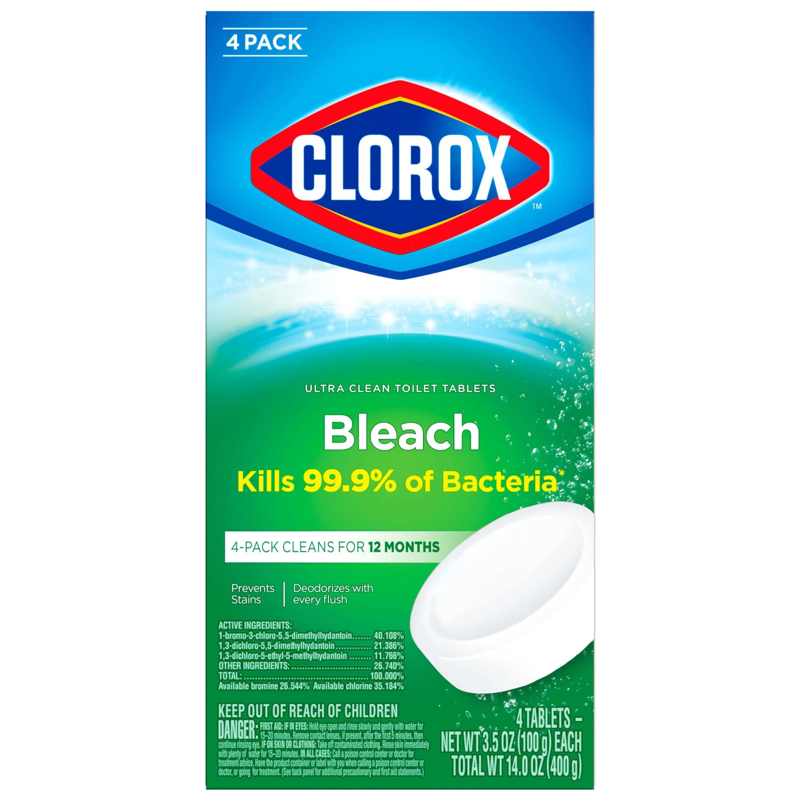 CLOROX Ultra Clean Toilet Tablets Bleach 4 Count, 3.5 Ounces Each (Package May Vary)