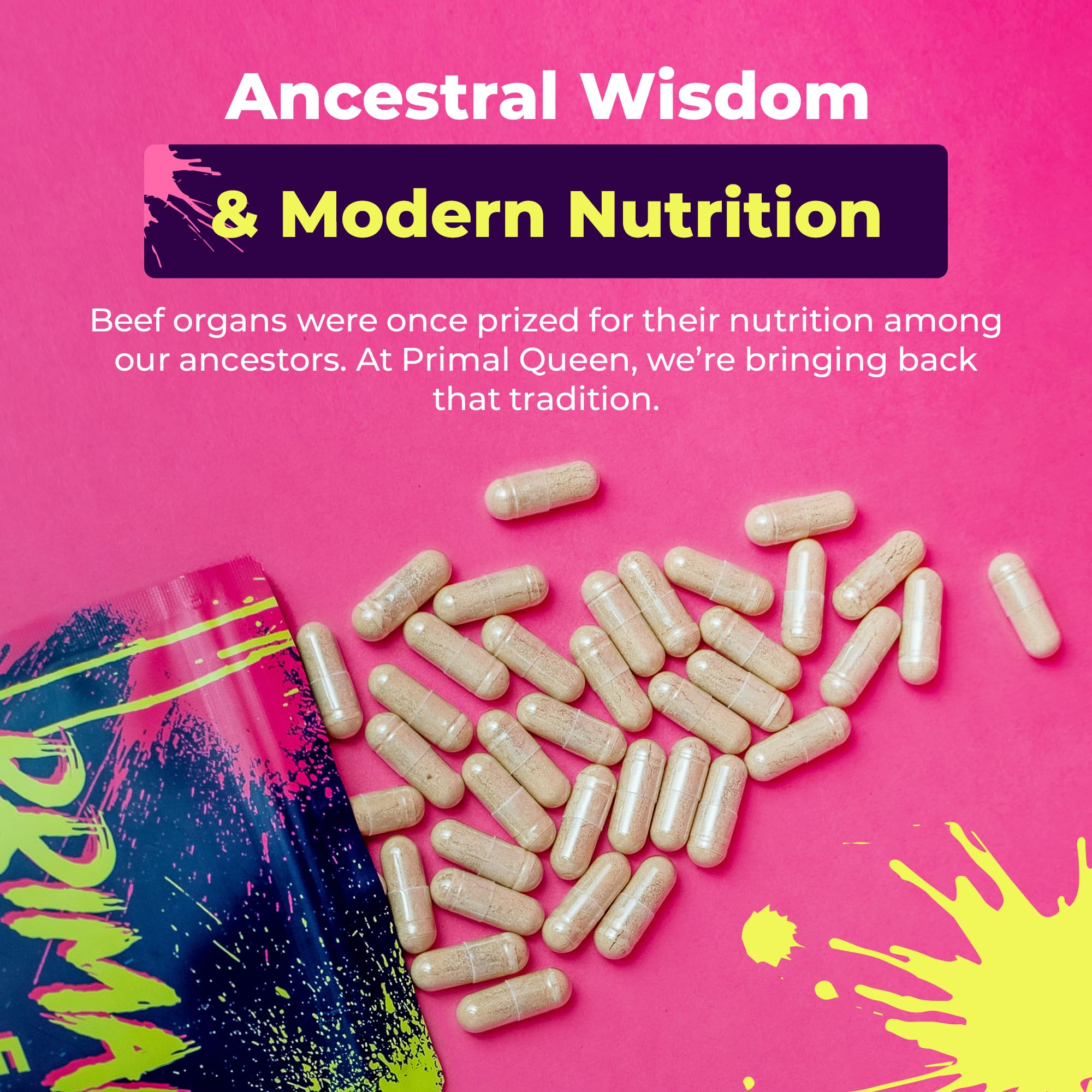 Primal Queen Female-Optimized Beef Organ Superfood Supplement (Beef Liver, Kidney, Heart, & 3 More) - 100% Grass Fed, Pasture Raised Cattle - Balance Hormones, Energy, & More for Women