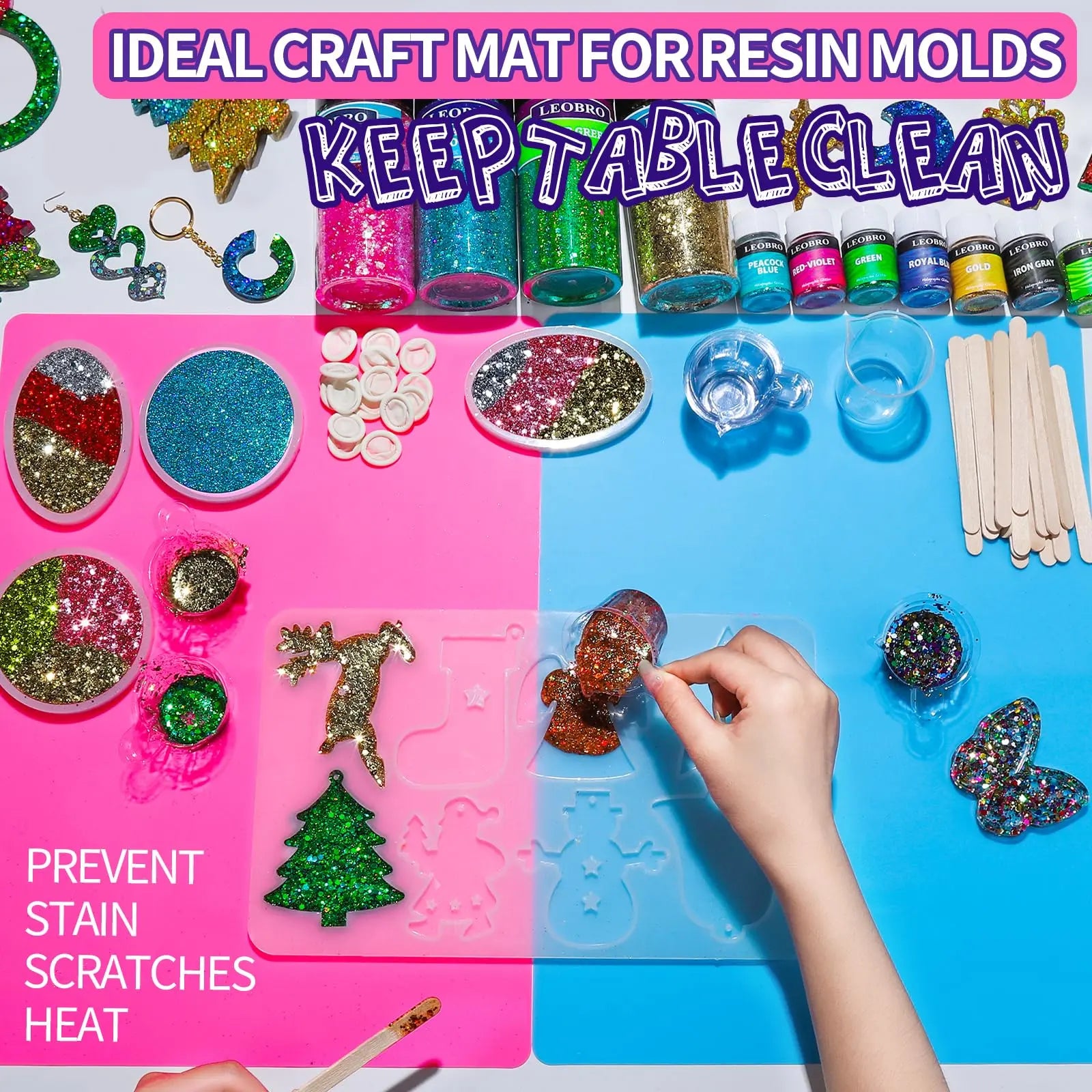 LEOBRO Silicone Mat for Resin Molds, 2 PCS 15.7" x 11.7" Playdough Mat, Silicone Mats for Crafts, Jewelry Resin Molds Mats, for Resin, Clay, Paint, Blue & Rose Red