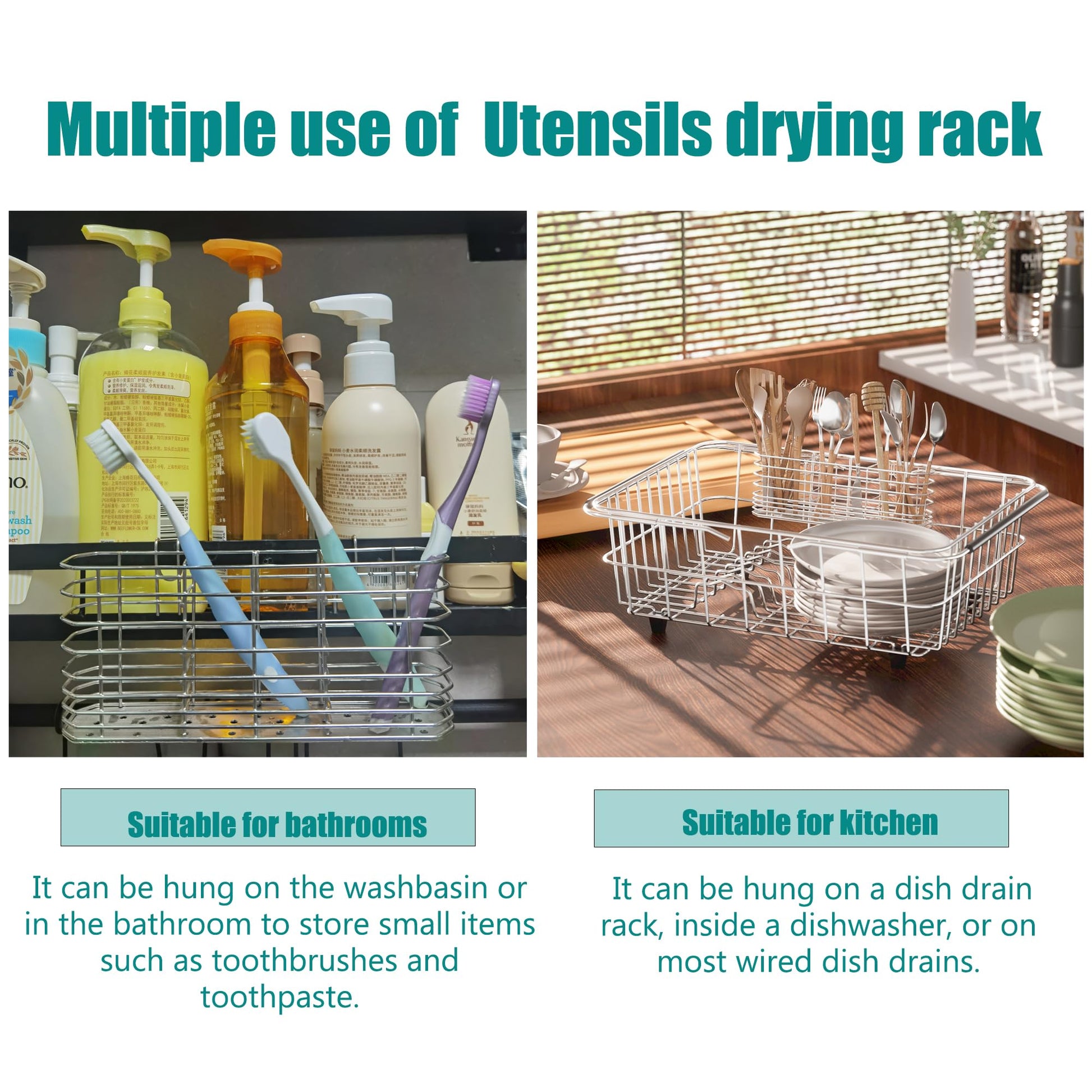 NiuYichee 304 Stainless Steel Utensil Holder, Dish Drying Rack, kitchen Utensil Organizer, Knife and Fork Drainage Rack, Kitchen Drainage Basket Accessories, With Hooks, Rust Proof, Color-Silver