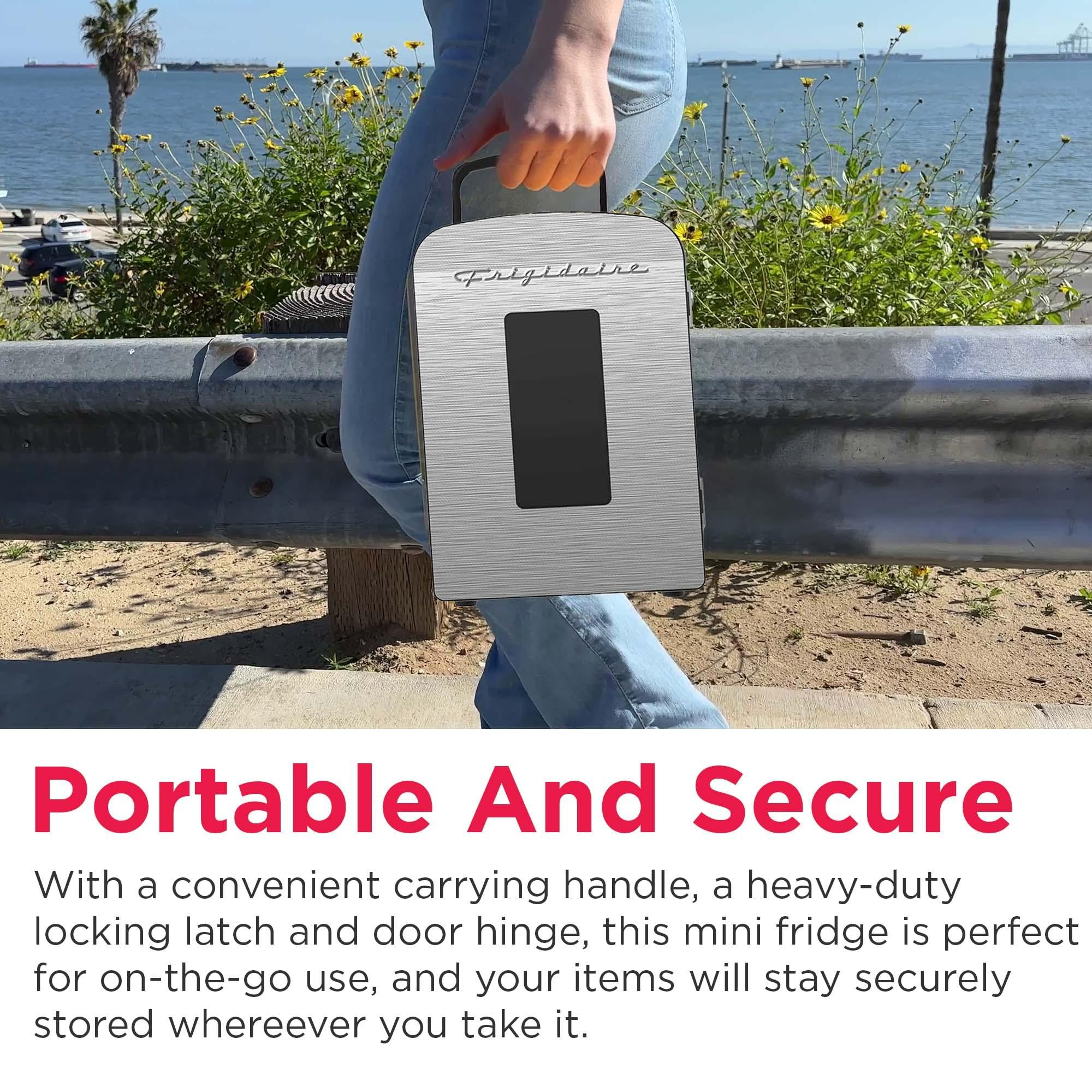 Frigidaire Portable 9-Can Mini Cooler Fridge, 5L, Brushed Stainless Rugged, Window, EFMIS189-SS, Clear Door, Glass