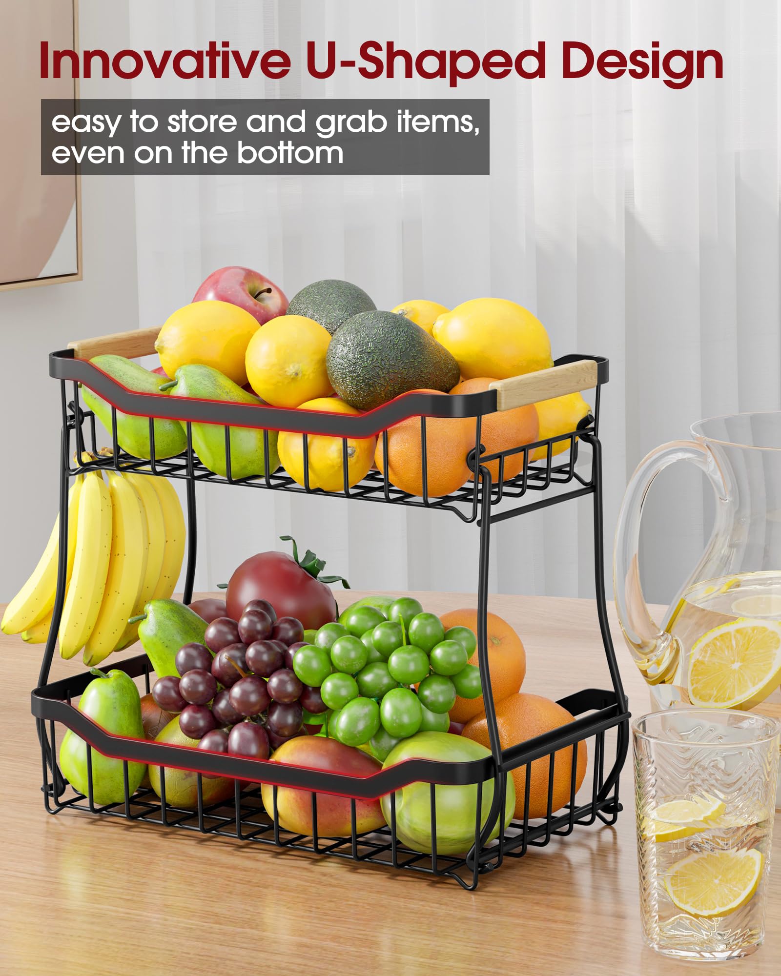 Sakugi Fruit Basket for Kitchen Counter - 2 Tier Detachable Fruit Vegetable Basket with Banana Hanger, Metal Countertop Fruit Stand with Wooden Handle, Black,7.3" D x 11.2" W x 10.3" H