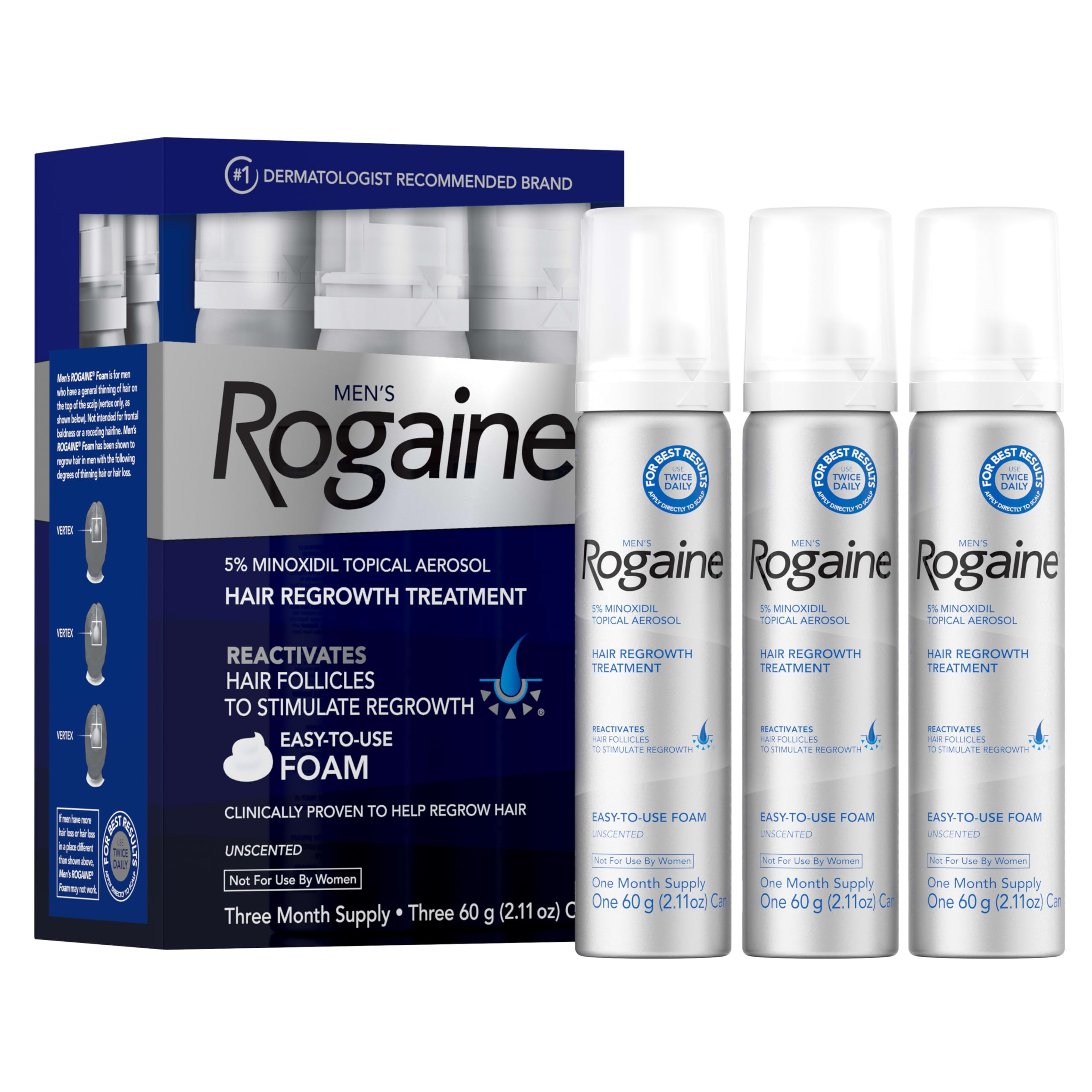 Men's Rogaine 5% Minoxidil for Men Foam, Clinically Proven Regrowth for Thinning Hair, Topical Hair Loss Treatment, Unscented Topical Aerosol, Results in 8-16 Weeks, 3-Month Supply, 3 x 2.11 oz