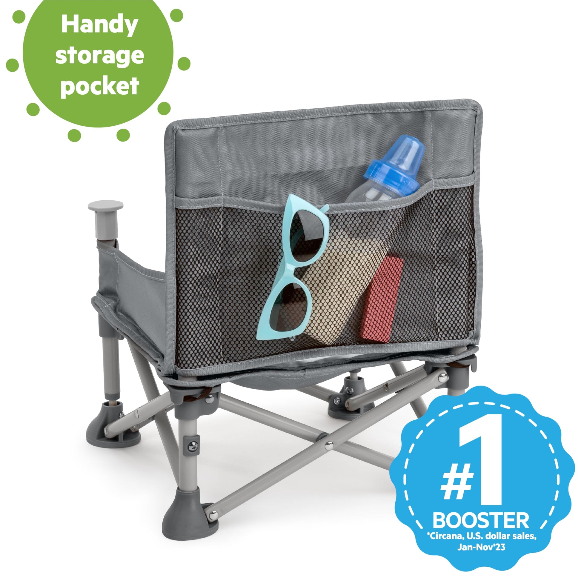 Bright Starts Pop 'N Sit Portable Booster, Indoor/Outdoor Use, Floor Seat with Feeding Tray, Grey, 6 Mos - 3 Yrs