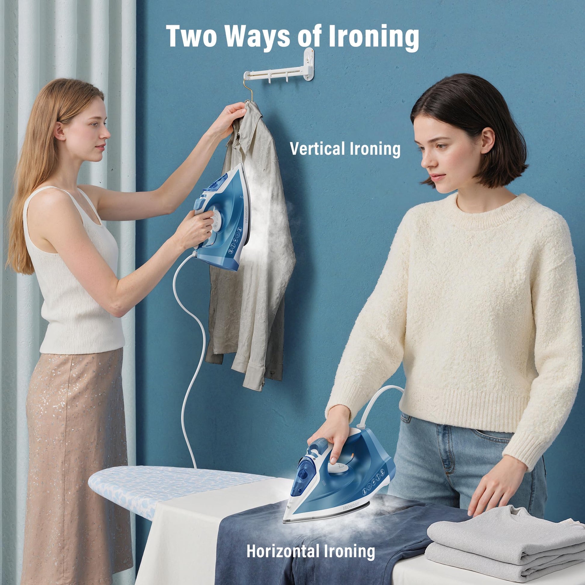 IRONDAY Steam Iron for Clothes Fast Heating, 1200W Iron with Non-Stick Ceramic Soleplate, Self-Cleaning, Burst of Steam, Spray Mist, 7.03oz Water Tank Ironing Clothes for Home, Blue
