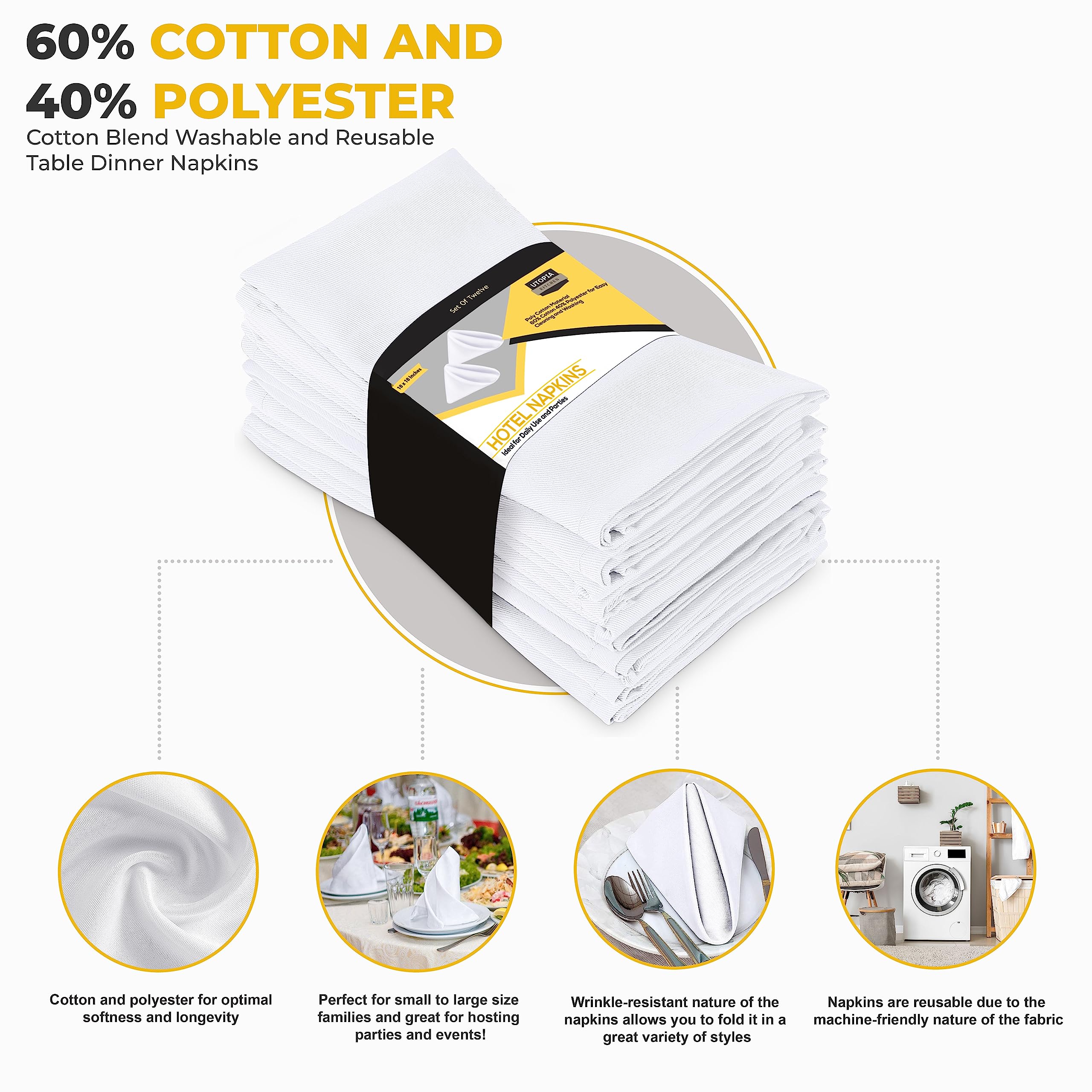 Utopia Kitchen White Cloth Napkins [12 Pack, 18x18 Inch] Absorbent Cotton Blend Washable and Reusable for Dinner, Restaurant, Lunch, Wedding and Hotel
