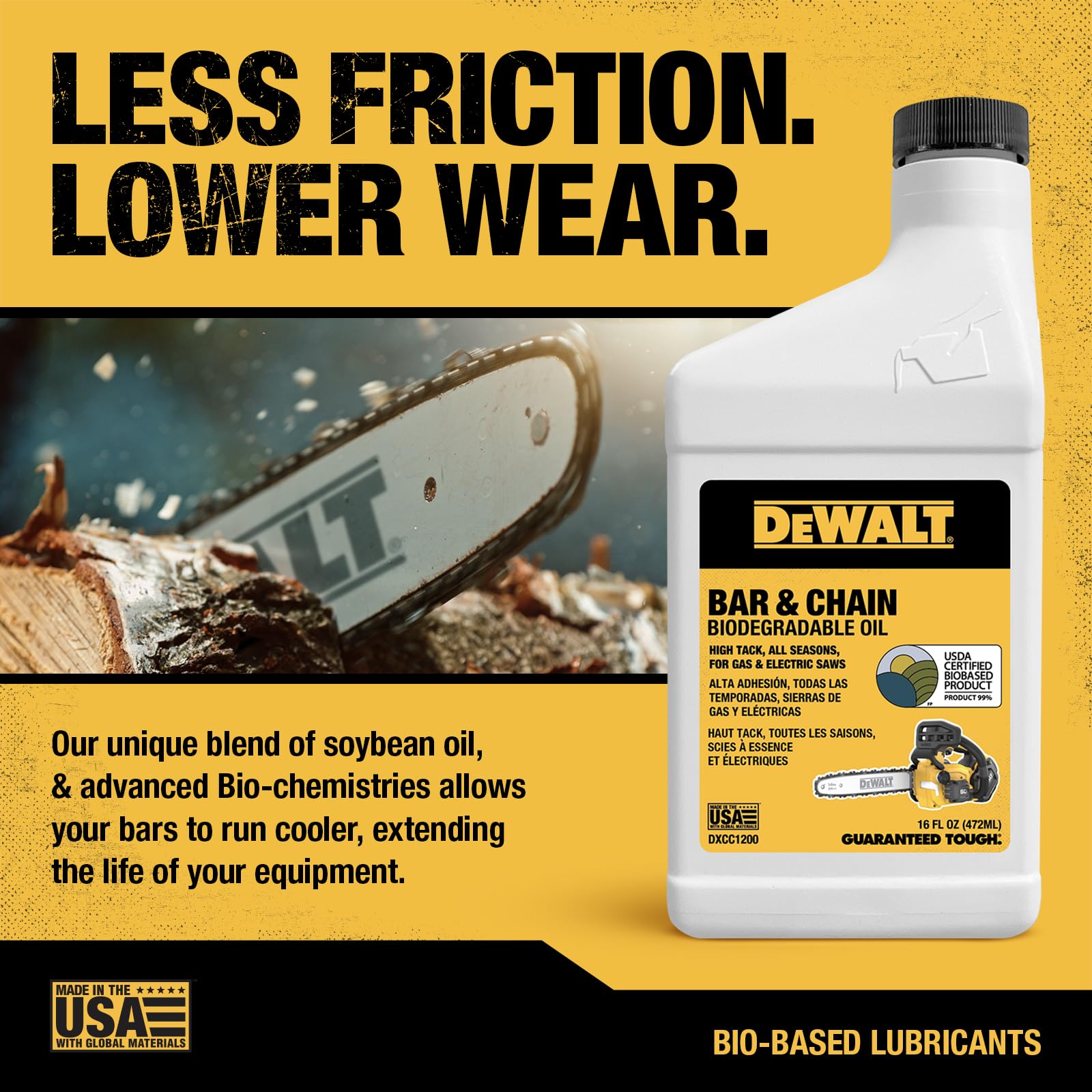 DEWALT – Biodegradable Bar & Chain Oil – Green, Eco-Friendly, Non-Toxic Professional Bar & Chainsaw Lubricant – Ultraclean All-Season Oil for Gas, Electric Saw, and Pole Saw, 16 oz
