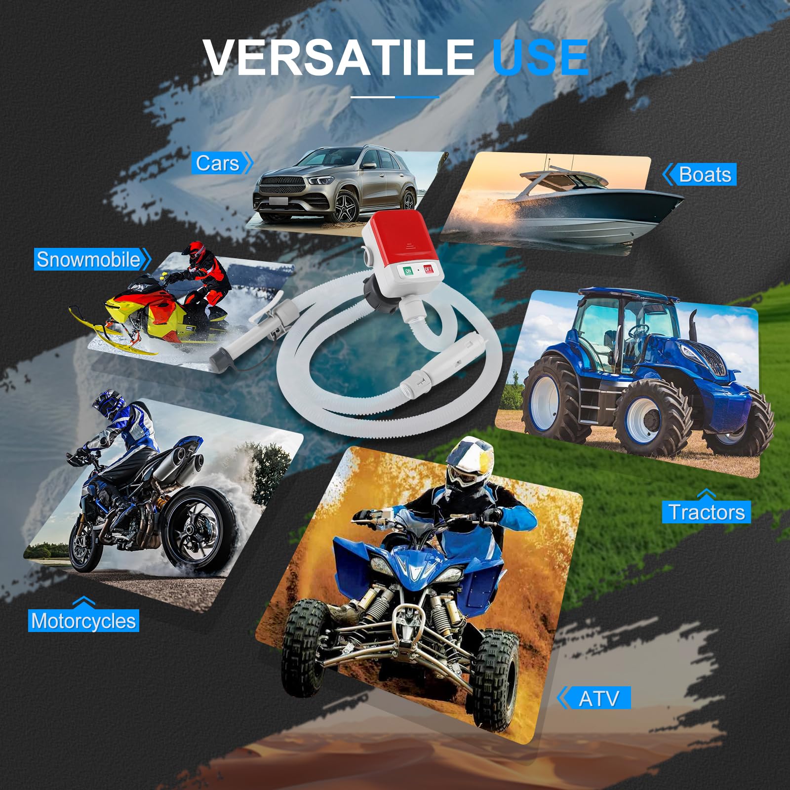 SKYJDM Fuel Transfer Pump with Auto-stop Sensor and 4 Tank Adapter, 2.4GPM 51" Hose Battery-Powered Portable Liquid Pump for Gasoline & Diesel Oil (Red)