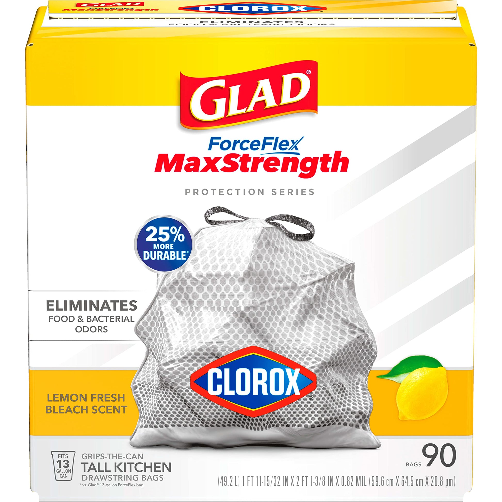 Glad ForceFlex MaxStrength with Clorox Trash Bags, 13 Gal, Lemon Fresh Bleach, 90 Ct, Pack May Vary