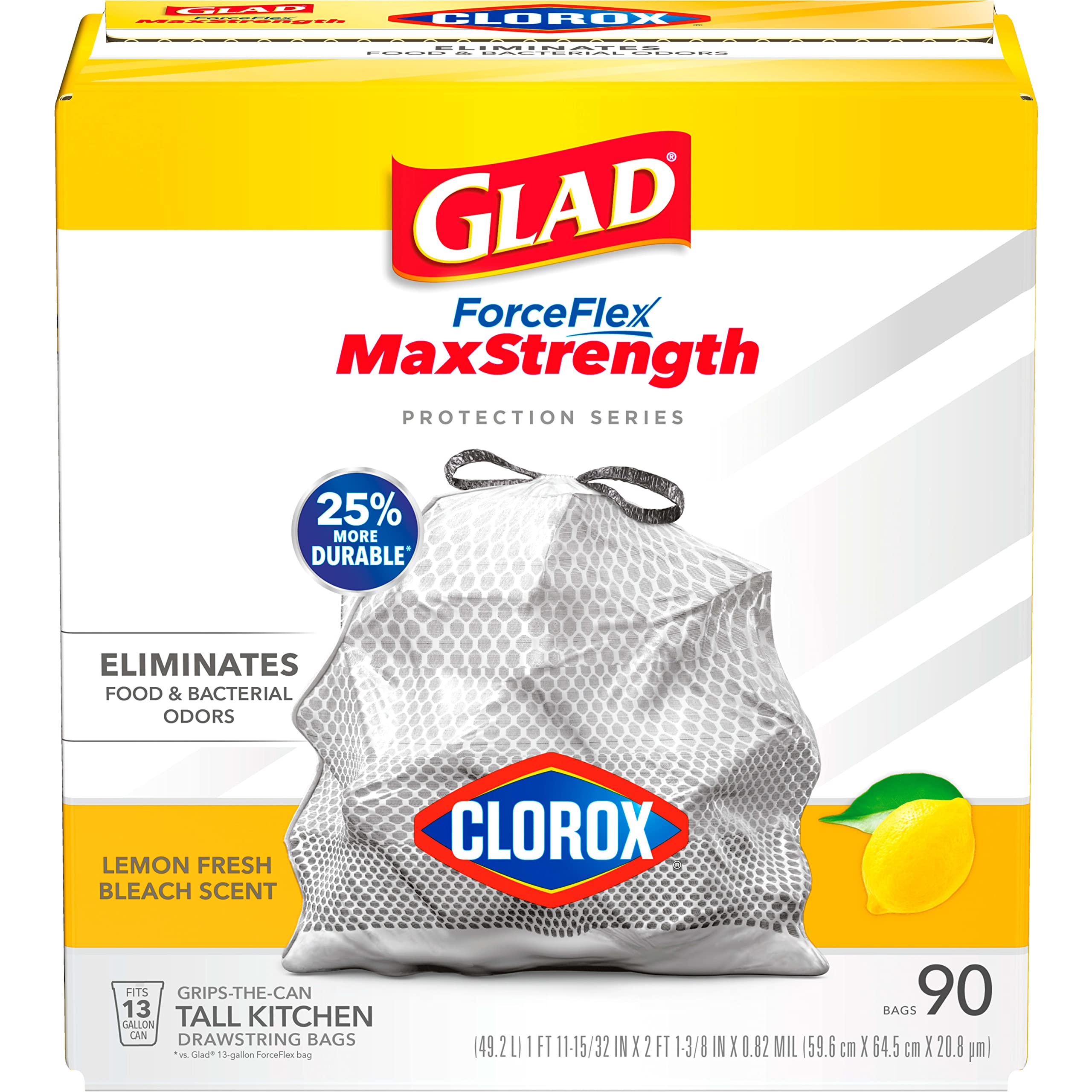 Glad ForceFlex MaxStrength with Clorox Trash Bags, 13 Gal, Lemon Fresh Bleach, 90 Ct, Pack May Vary