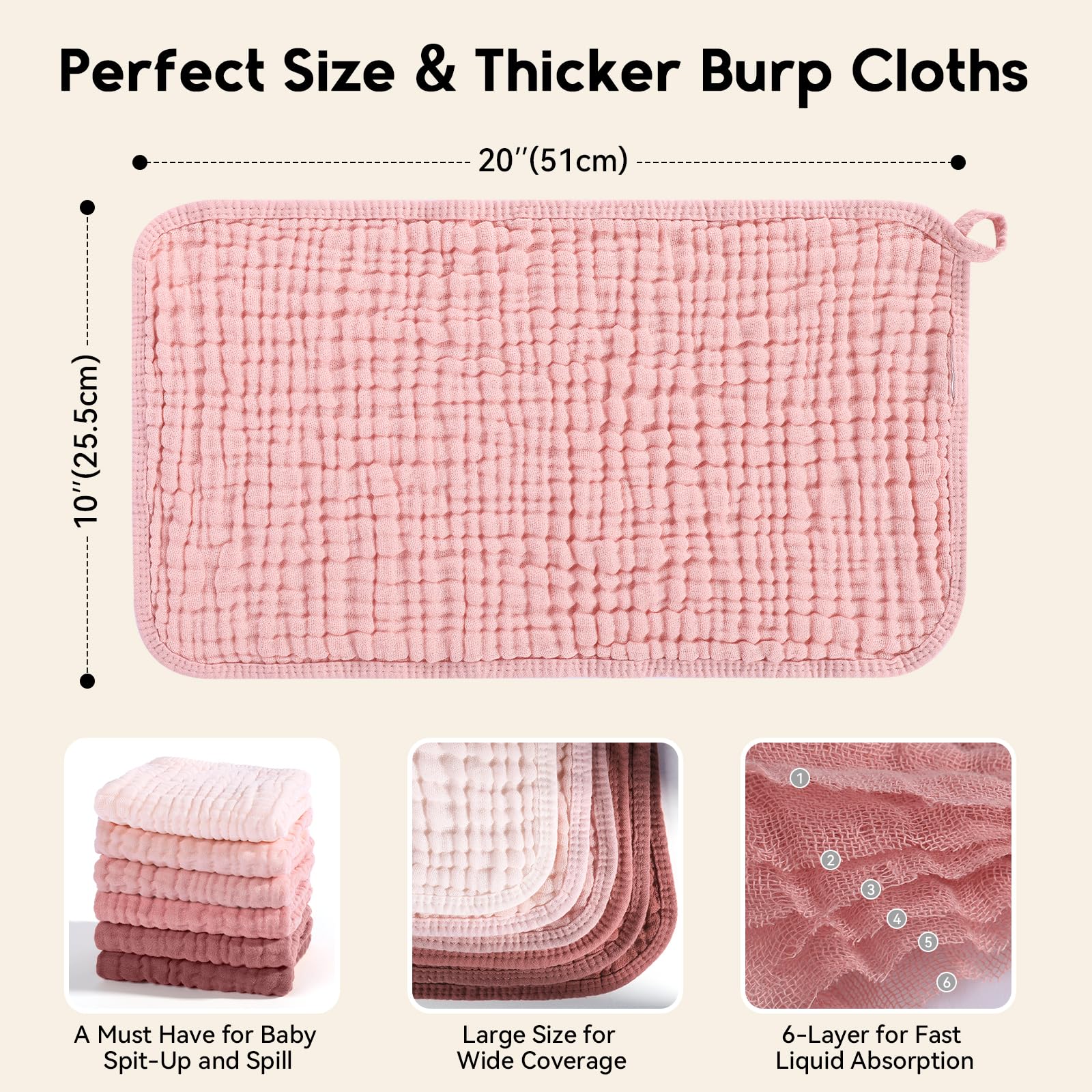 Unnivoll Muslin Burp Cloths for Baby 100% Cotton Burping Cloths for Boys Girls Large 20''X10'' Extra Soft and Absorbent 12 Pack - Gradient Pink