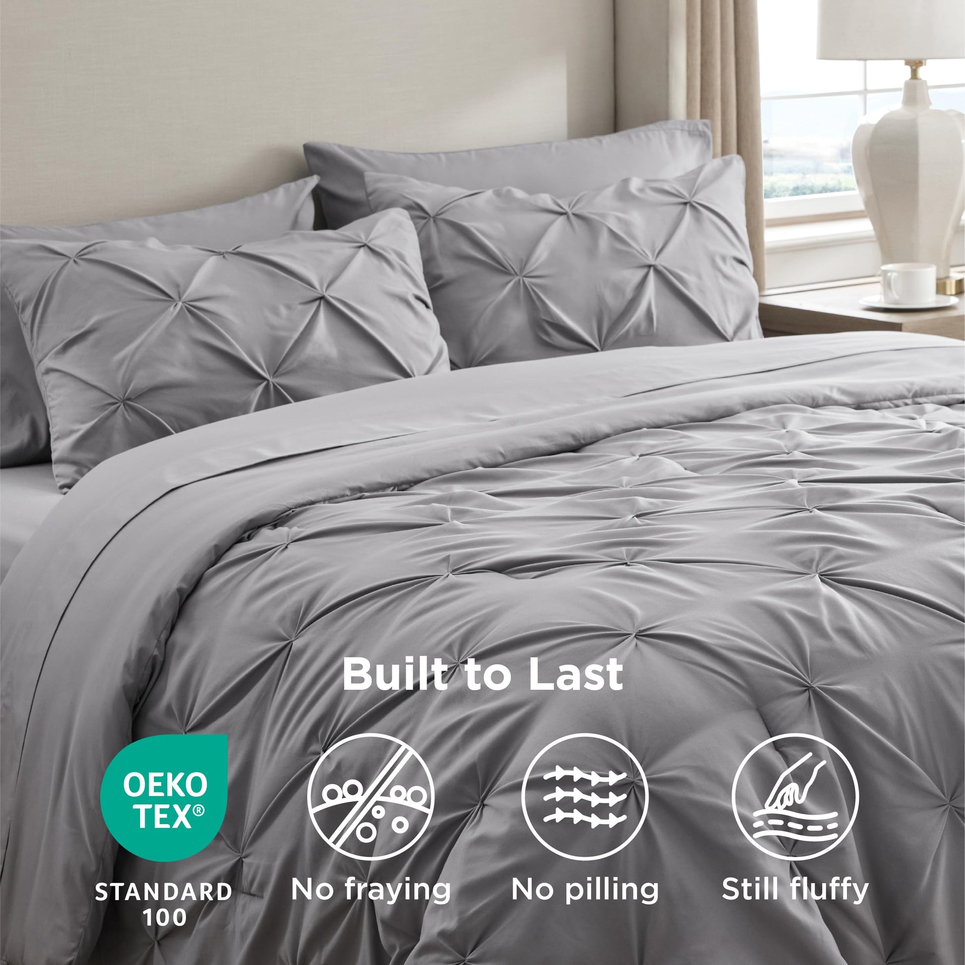 Bedsure King Size Comforter Set - Bedding Sets King 7 Pieces, Pintuck Bed in a Bag Grey Bed Set with Comforter, Sheets, Pillowcases & Shams