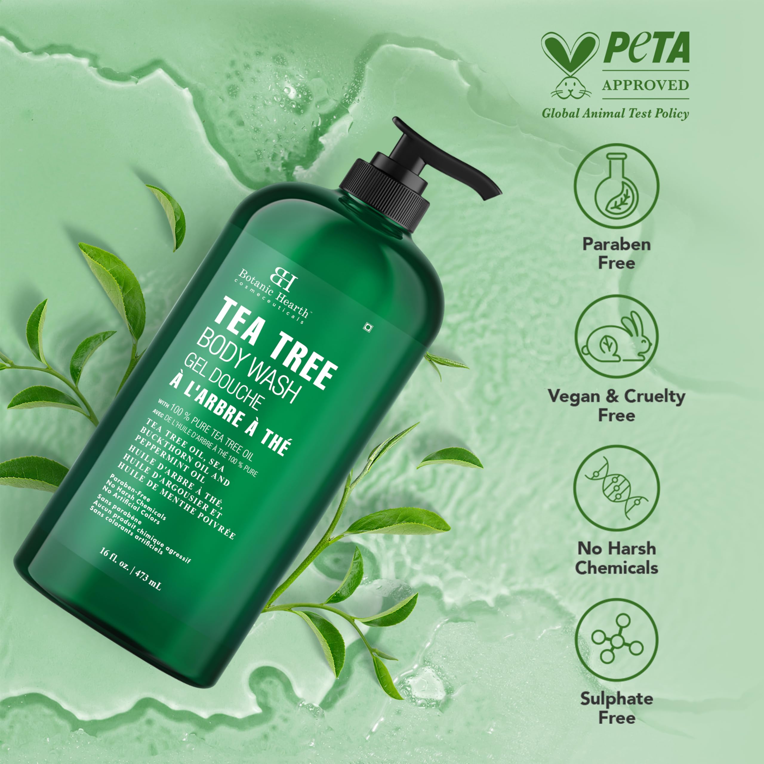 Botanic Hearth Tea Tree Body Wash | 16 Fl Oz | Helps Soothe Itchy, Dry Skin, Antifungal Body Wash With 100% Pure Tea Tree Oil | Sulfate Free, Paraben Free, For Men And Women