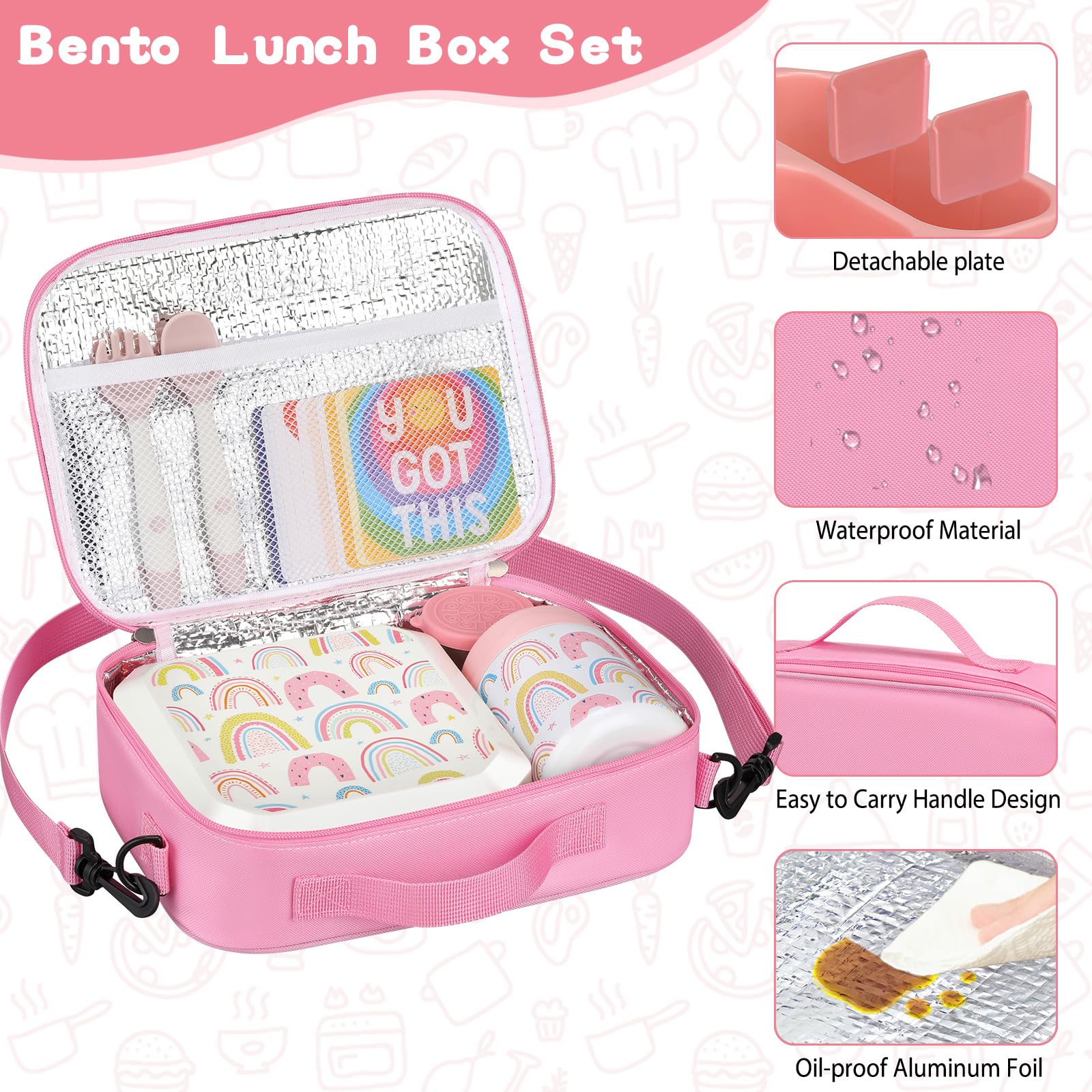 wiwens Bento Lunch Box for Kids with 12oz Soup Thermo Leak-Proof Lunch Food Container with 5 Compartment Thermo Hot Food Jar and Insulated Lunch Bag for Kid Toddler Girls Boys to School