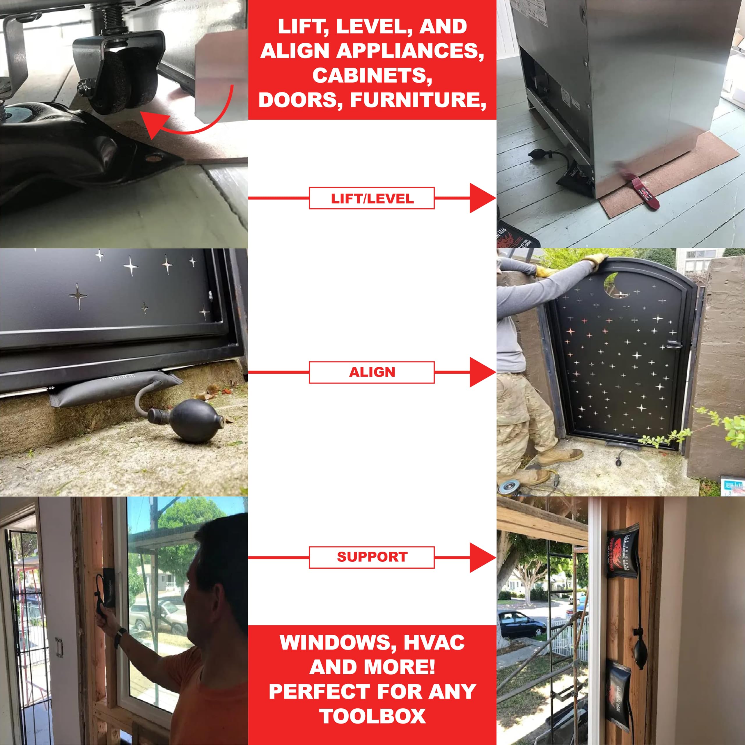 The Original Rhino Strong Commercial Grade Air Wedge Bag Pump Professional Leveling Kit & Alignment Tool Inflatable Shim Bag 3 Piece (Small, Medium, Large). 3 sizes for all of your individual needs.