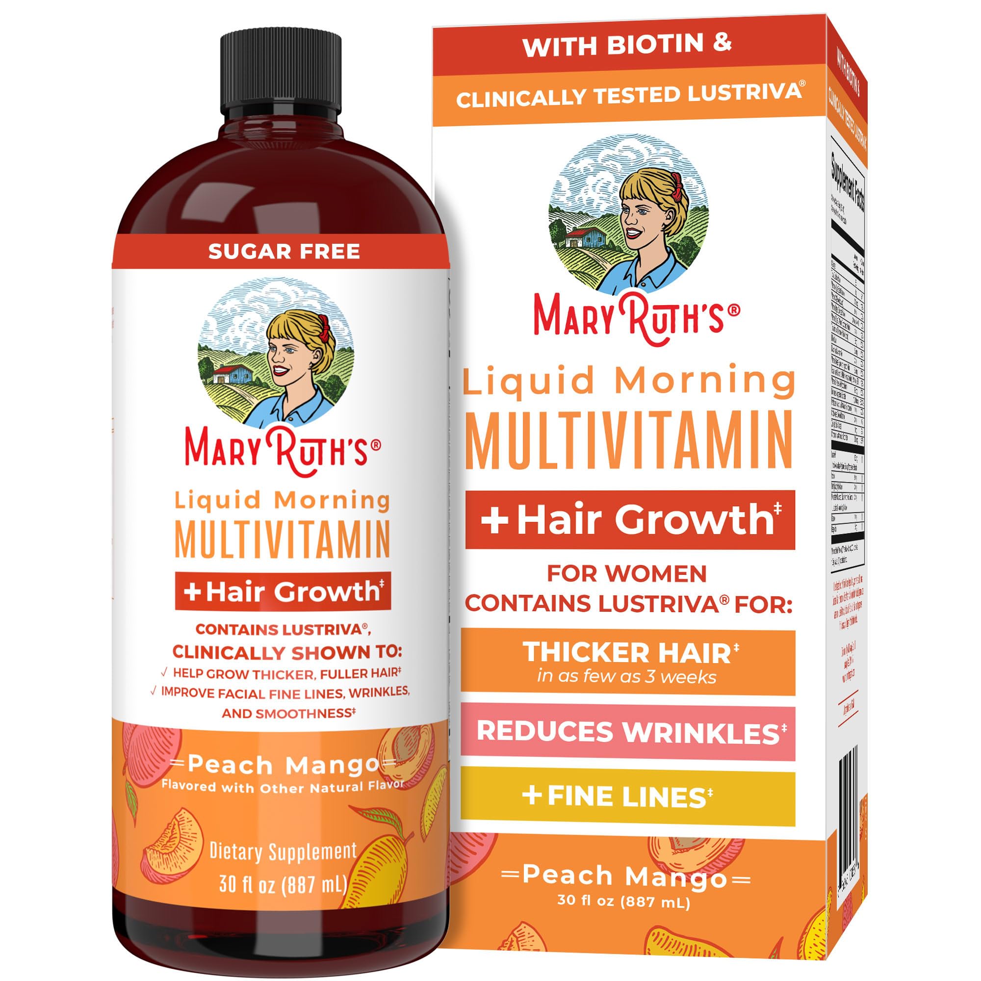 MaryRuth's Liquid Multivitamin + LustrivaÃÂ® Hair Growth | Biotin 10000mcg | Vitamin D | B Vitamins | Clinically Tested for Thicker Hair, Wrinkles, Fine Lines, Skin Care | Ages 18+ | 30 Fl Oz