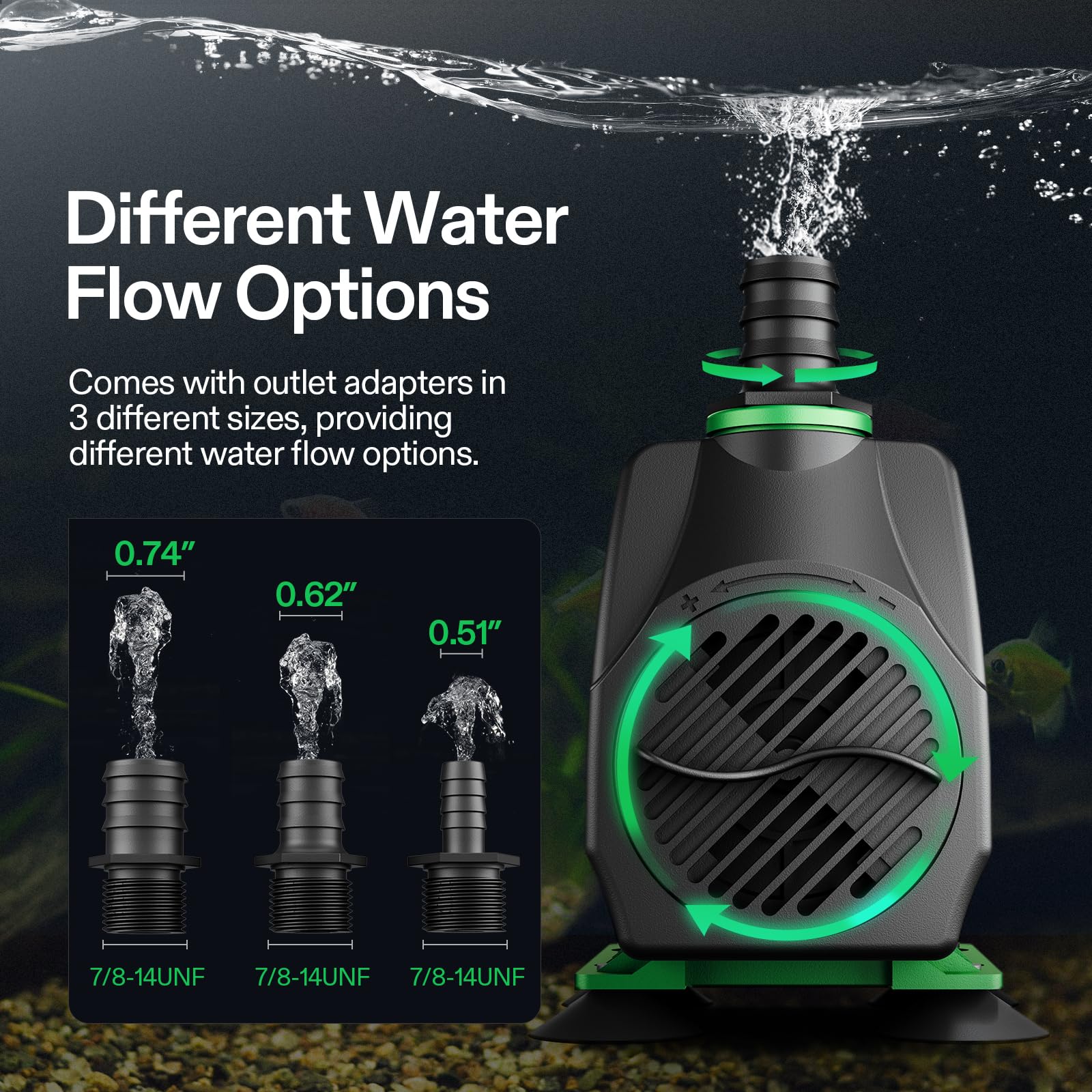 VIVOSUN 800GPH Submersible Pump(3000L/H, 24W), Ultra Quiet Water Fountain Pump with 10ft. High Lift with 6.5ft. Power Cord, 3 Nozzles for Fish Tank, Pond, Aquarium, Statuary, Hydroponics Green