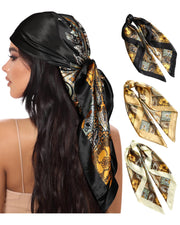 AWAYTR 35” Large Square Satin Head Scarf - 3Pcs Hair Scarves Bandana Beach Silk Feeling Headscarf for Women Hair