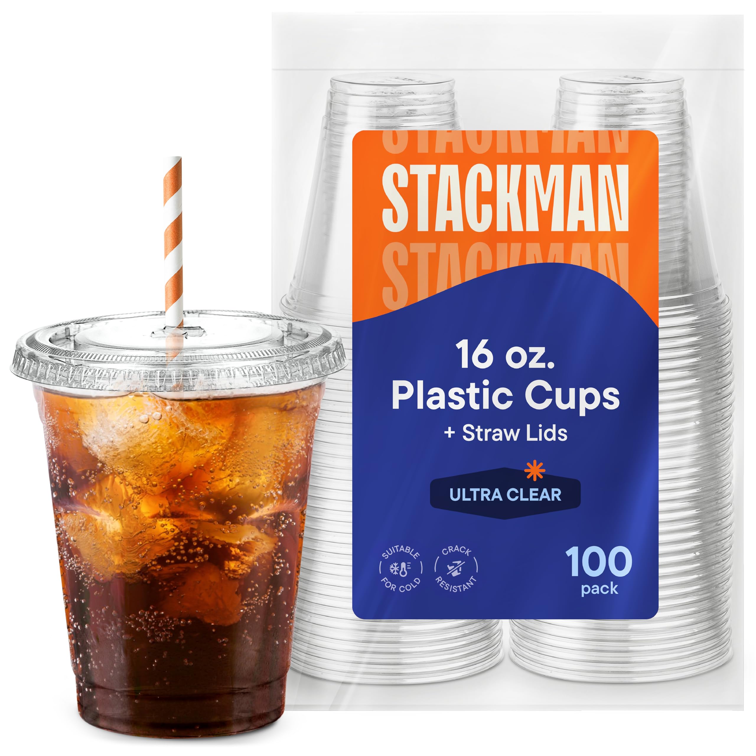 16 oz Clear Plastic Cups with Straw-Slot Lids [100 Sets] PET Crystal Clear Disposable Cups with Lids - Durable Cup. BPA Free + Crack Resistant, for Coffee, Juice, Shakes
