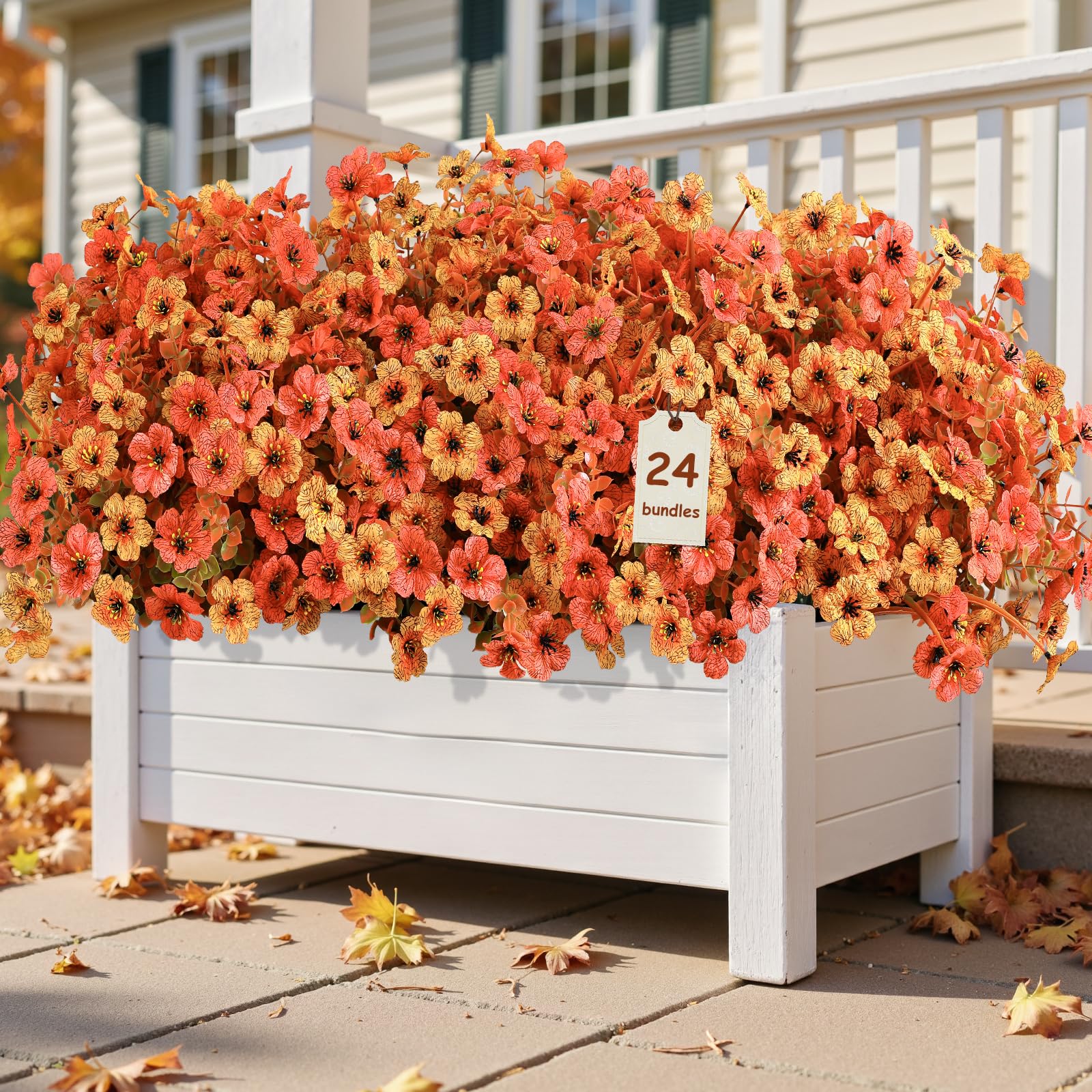 Alupssuc 24 Bundles Artificial Fall Mums Flowers for Outdoors Decoration, UV Resistant Silk Violet and Faux Eucalyptus Autumn Fake Plants for Outside Indoor Yard Home Patio Porch Decor, Orange and Red