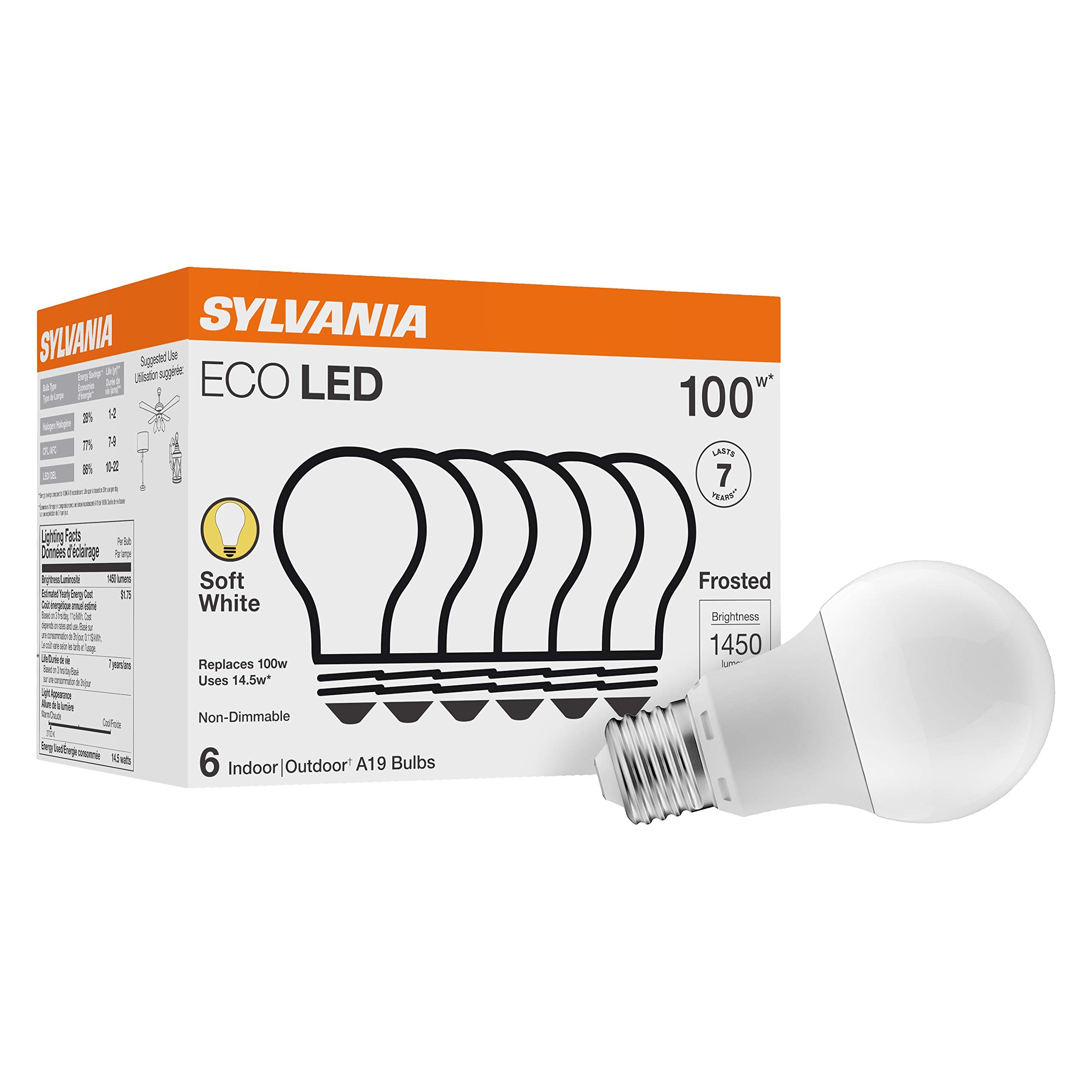 SYLVANIA ECO LED Light Bulb, A19 60W Equivalent, Efficient 9W, 7 Year, 750 Lumens, 2700K, Non-Dimmable, Frosted, Soft White - 8 Count (Pack of 1) (40821)