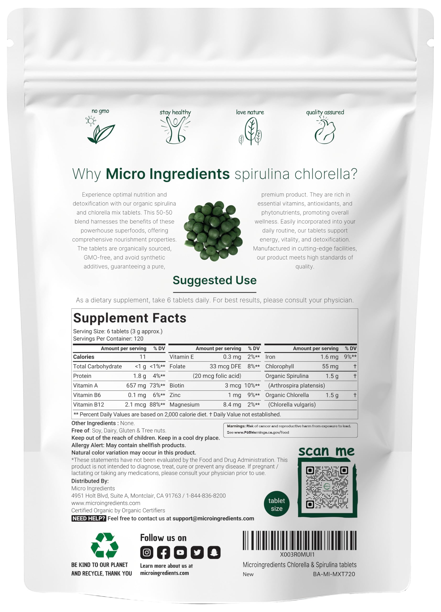 Micro Ingredients Organic Spirulina Chlorella Tablets, 720 Tablets (4 Month Supply) | 50/50 Blend Superfood | Cracked Cell Wall for Better Absorption | Rich in Vegan Protein & Chlorophyll