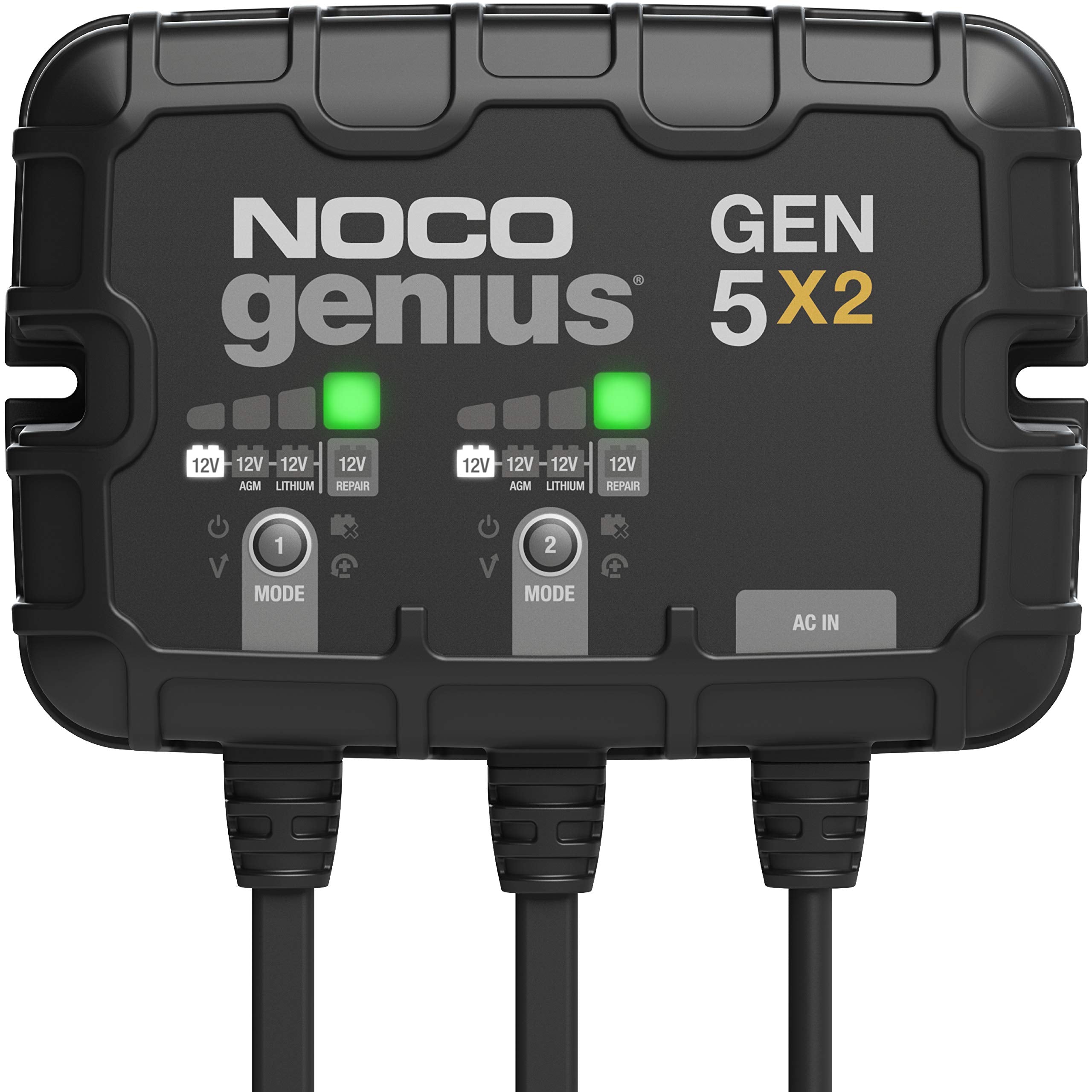 شاحن بطارية مدمج NOCO Genius GEN5X2: ثنائي المنافذ، 10 أمبير - 5 أمبير لكل منفذ، شاحن بحري مقاوم للماء 12 فولت مع حماية من الشحن الزائد وتعويض درجة الحرارة - لبطاريات الرصاص الحمضية والليثيوم