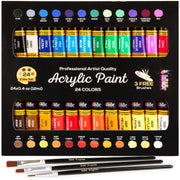 Acrylic Paint Set Canvas Art Paints 24 Colors Perfect Paint Finish (0.41oz,12 ml) With 3 Brushes - Painting Canvas, Paper, Wood, Rock, MDF, Ceramic & Fabric
