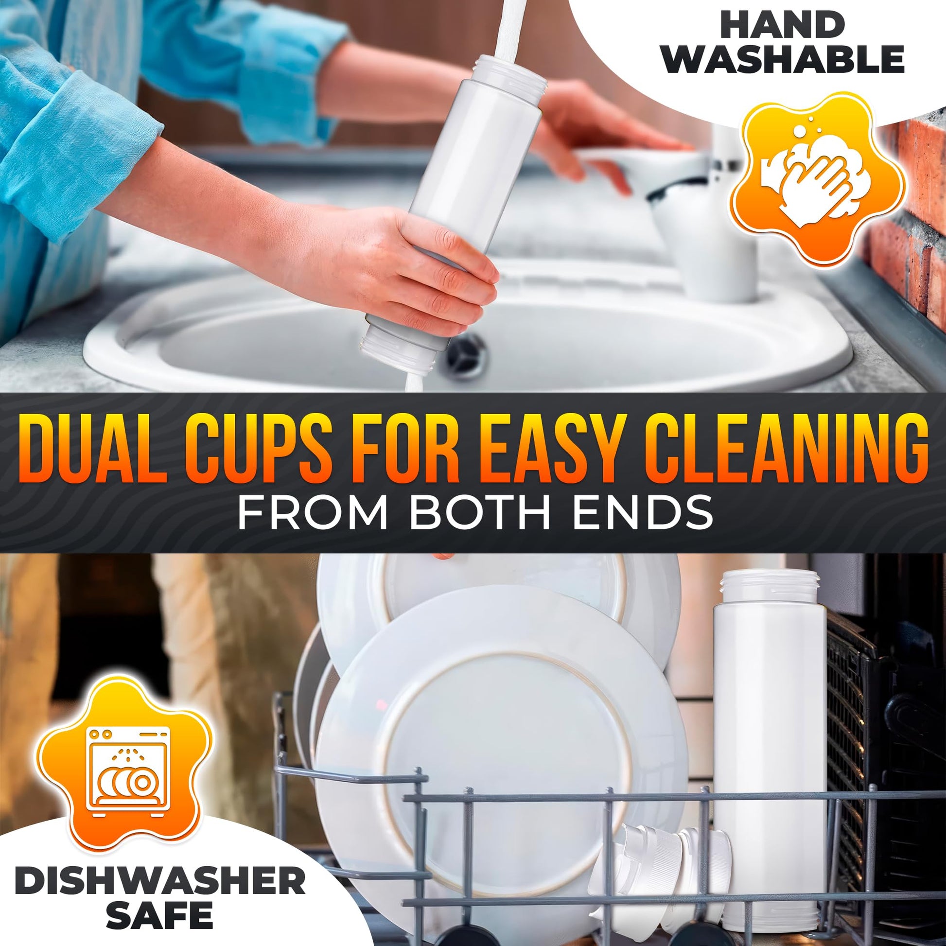 Set of 6 Condiment Squeeze Bottles for Sauces 16 oz – Easy-to-Fill Clear Bottles with Self-Closing Valve | Ready-to-Dispense for Dressings, Ketchup, Mustard & More, Durable, Reusable, Mess-Free Design