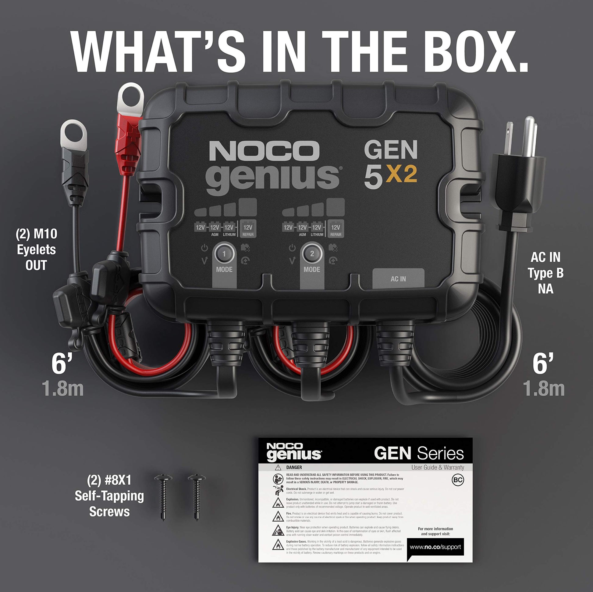 NOCO Genius GEN5X2: 2-Bank, 10A Onboard Battery Charger - 5A Per Bank, 12V Waterproof Marine Charger with Overcharge Protection & Temperature Compensation – for Lead-Acid & Lithium Batteries