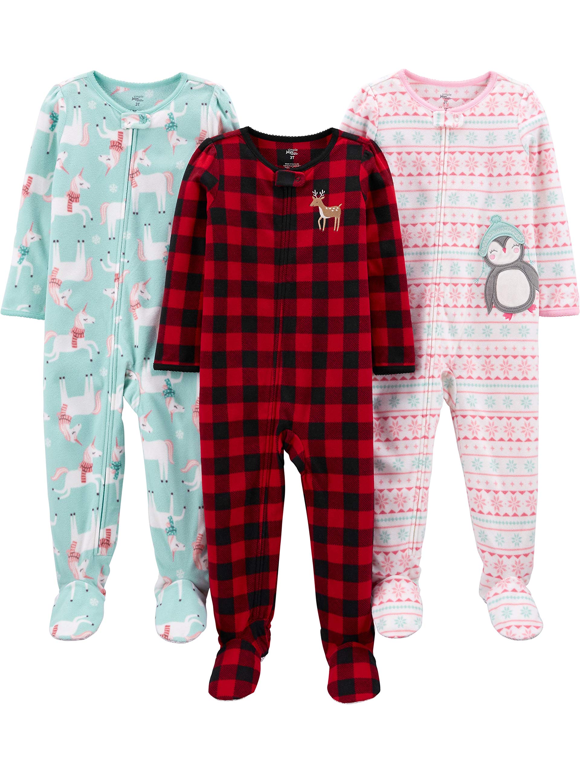 Simple Joys by Carter's Baby Girls' 3-Pack Loose Fit Flame Resistant Fleece Footed Pajamas, Cat/Dots/Owls, 18 Months