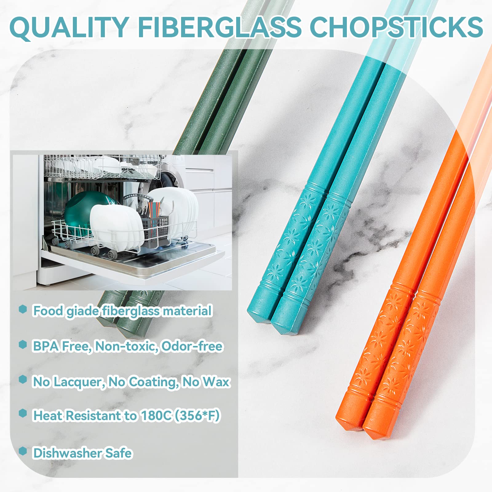 LIANGKEN 5 Pairs Dishwasher Safe Fiberglass Chopsticks Set,9.5 Inch Reusable Japanese Chinese Chopsticks , Non-Slip, Easy to Use (colorful ) (9.5 inch, colorful)