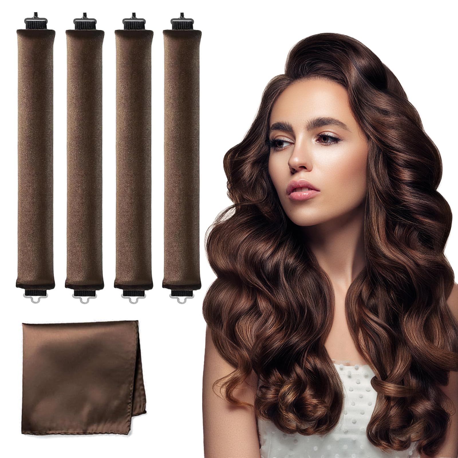 HAIOLORPRO Heatless Hair Curler Velvet, Heatless Curls Overnight Hair Curlers to Sleep in, Overnight Blowout Rods Heatless Curls for Short Long Hair All Hair Types Styling Tools-5PCS Brown