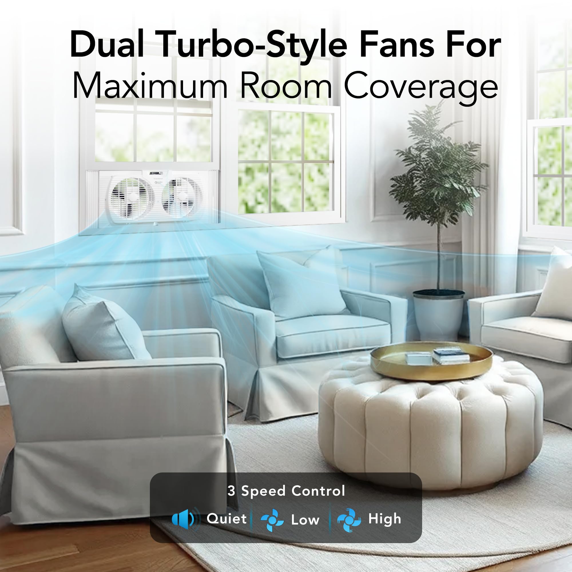 Comfort Zone Window Fan for Bedroom, 9 inch 3 Speed Dual Fans with Auto-Locking Expanders, Window Exhaust Fan, Removeable Bug Screen, White