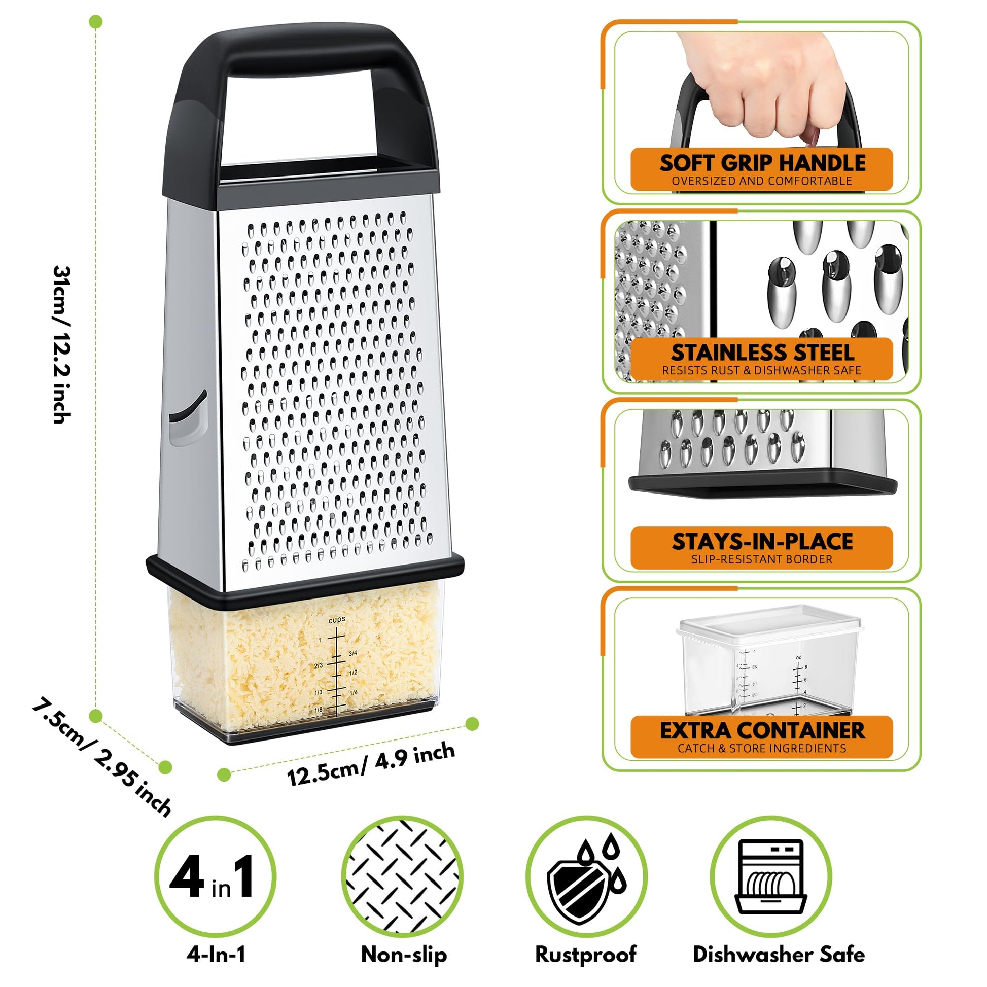 Urbanstrive Cheese Grater With Container Box Grater Stainless Steel Graters for Kitchen Cheese Shredder Parmesan Shredder Kitchen Gadgets Kitchen Tools Kitchen Gifts for Chef Dishwasher Safe Zester