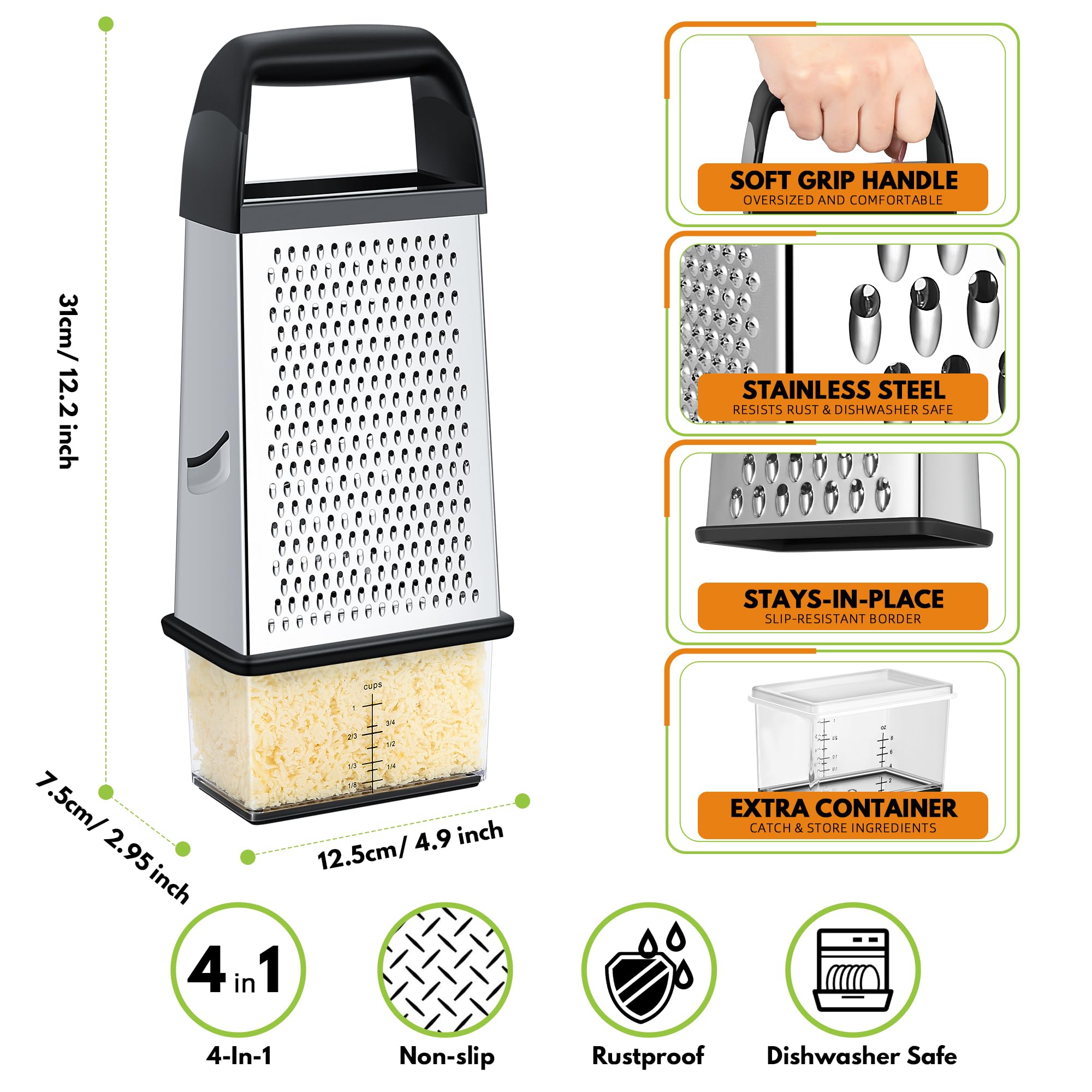 Urbanstrive Cheese Grater With Container Box Grater Stainless Steel Graters for Kitchen Cheese Shredder Parmesan Shredder Kitchen Gadgets Kitchen Tools Kitchen Gifts for Chef Dishwasher Safe Zester