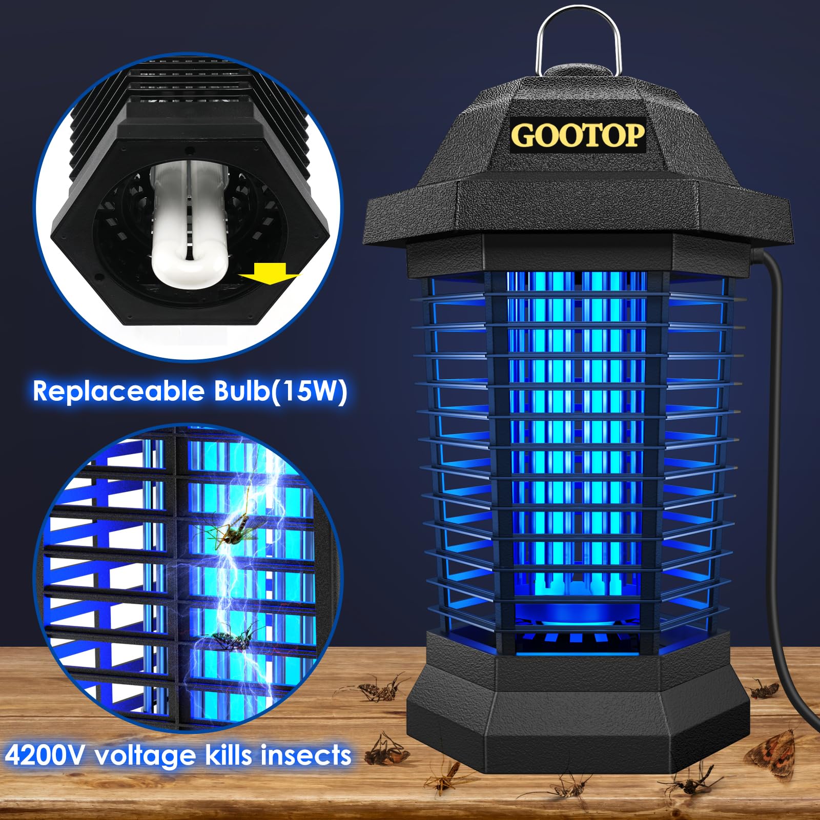 GOOTOP Bug Zapper Outdoor, Mosquito Zapper, 3 Prong Plug in Electric Fly Zapper, Mosquito Killer, Fly Traps, Flying Insects Zapper Indoor Outdoor 90-130V, 4200V, ABS Plastic Outer (Black)