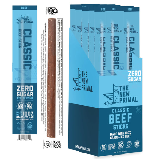 The New Primal Grass Fed Beef Sticks, Keto, Gluten Free Healthy Snacks, Sugar Free Low Carb High Protein Snack, Jerky Meat Stick, 6g Protein, 20 Ct